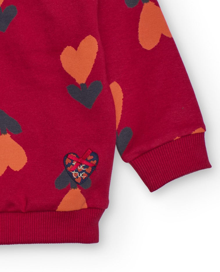 Sudadera para niña en rojo con corazones y cuello lazo