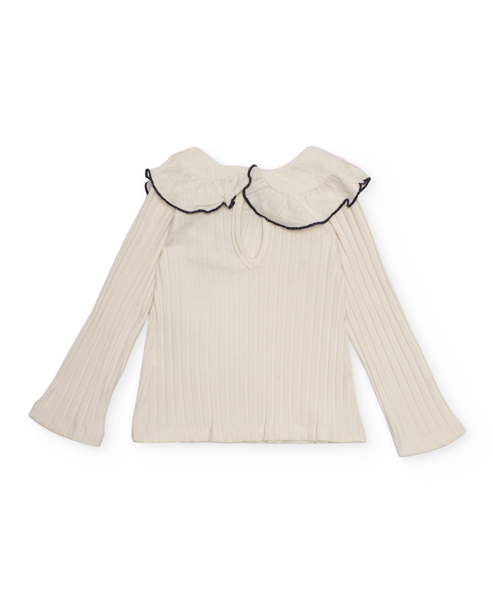 Camiseta de canalé para niña en crudo con volantes y lazo