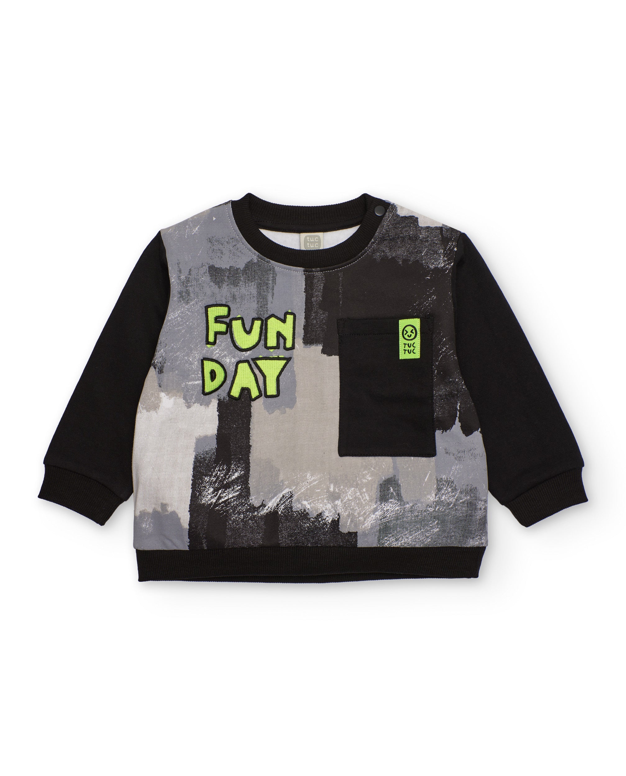 Sudadera para niño en negro con estampado gris y texto flúor