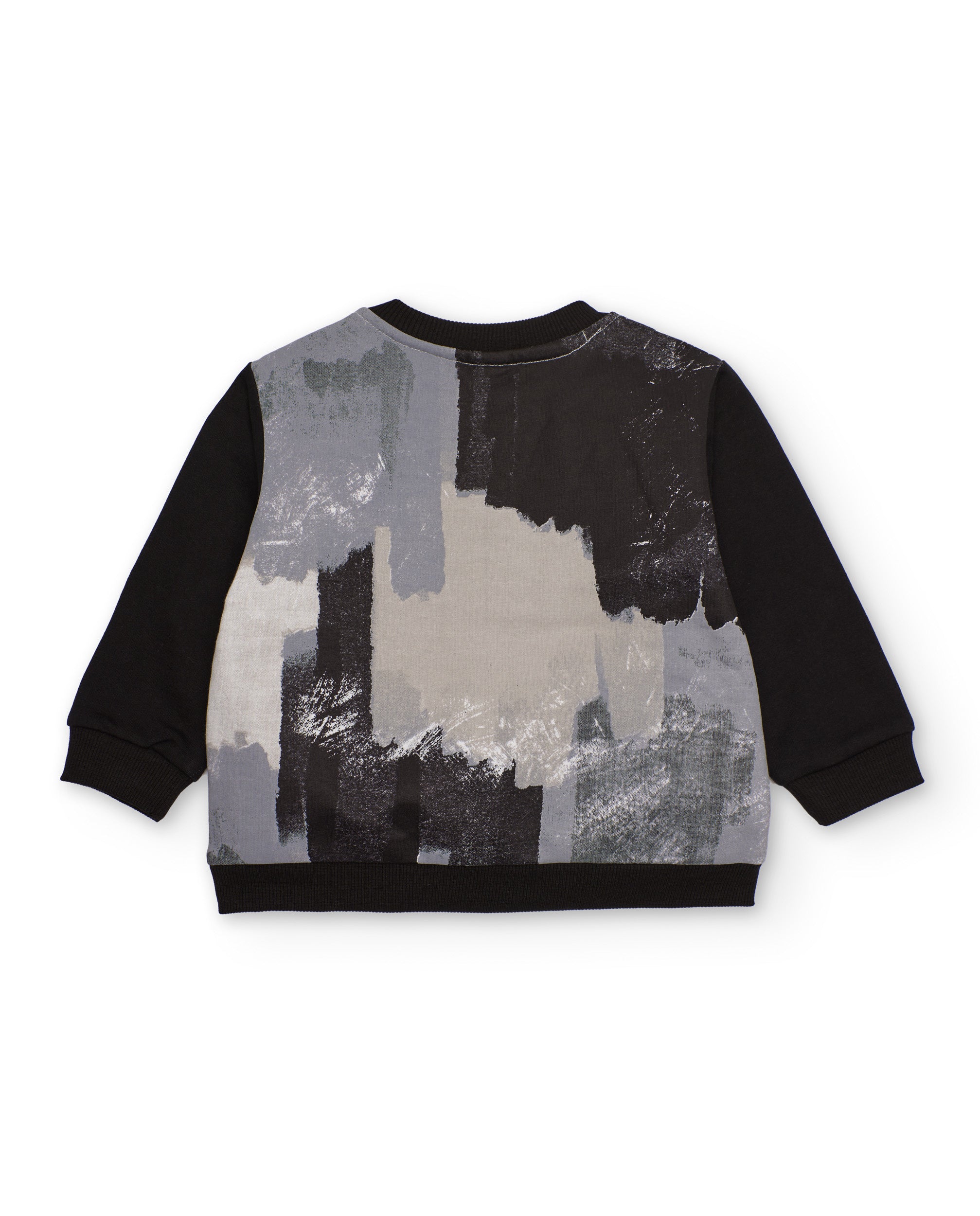 Sudadera para niño en negro con estampado gris y texto flúor