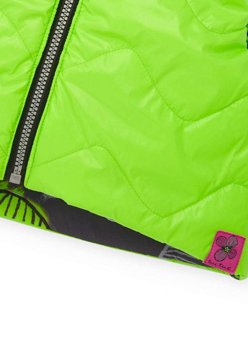 Chaleco reversible para niña en verde flúor con flores