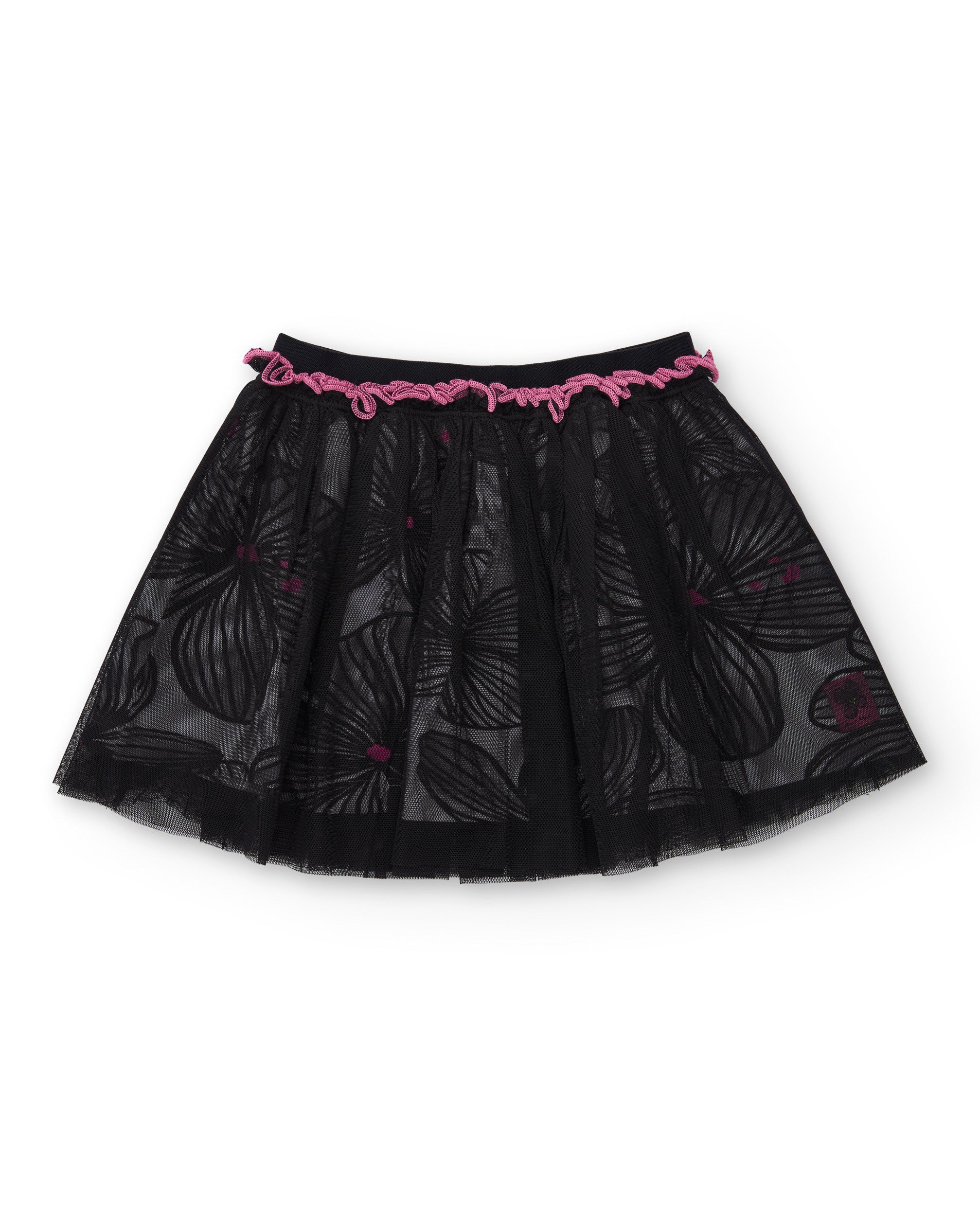 Falda niña en negro con tul estampado floral y cintura rosa