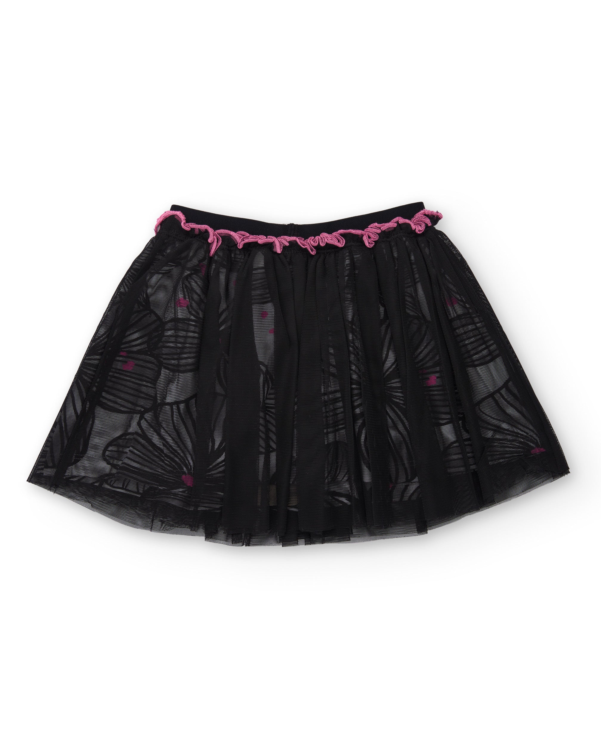 Falda niña en negro con tul estampado floral y cintura rosa