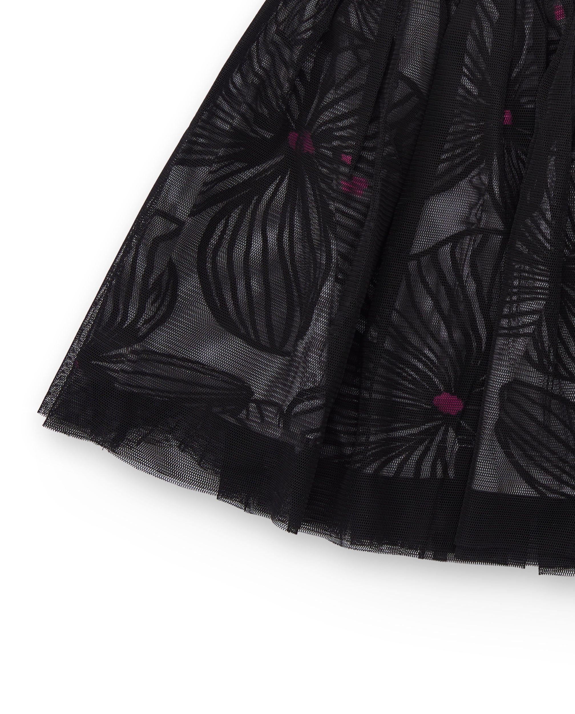 Falda niña en negro con tul estampado floral y cintura rosa