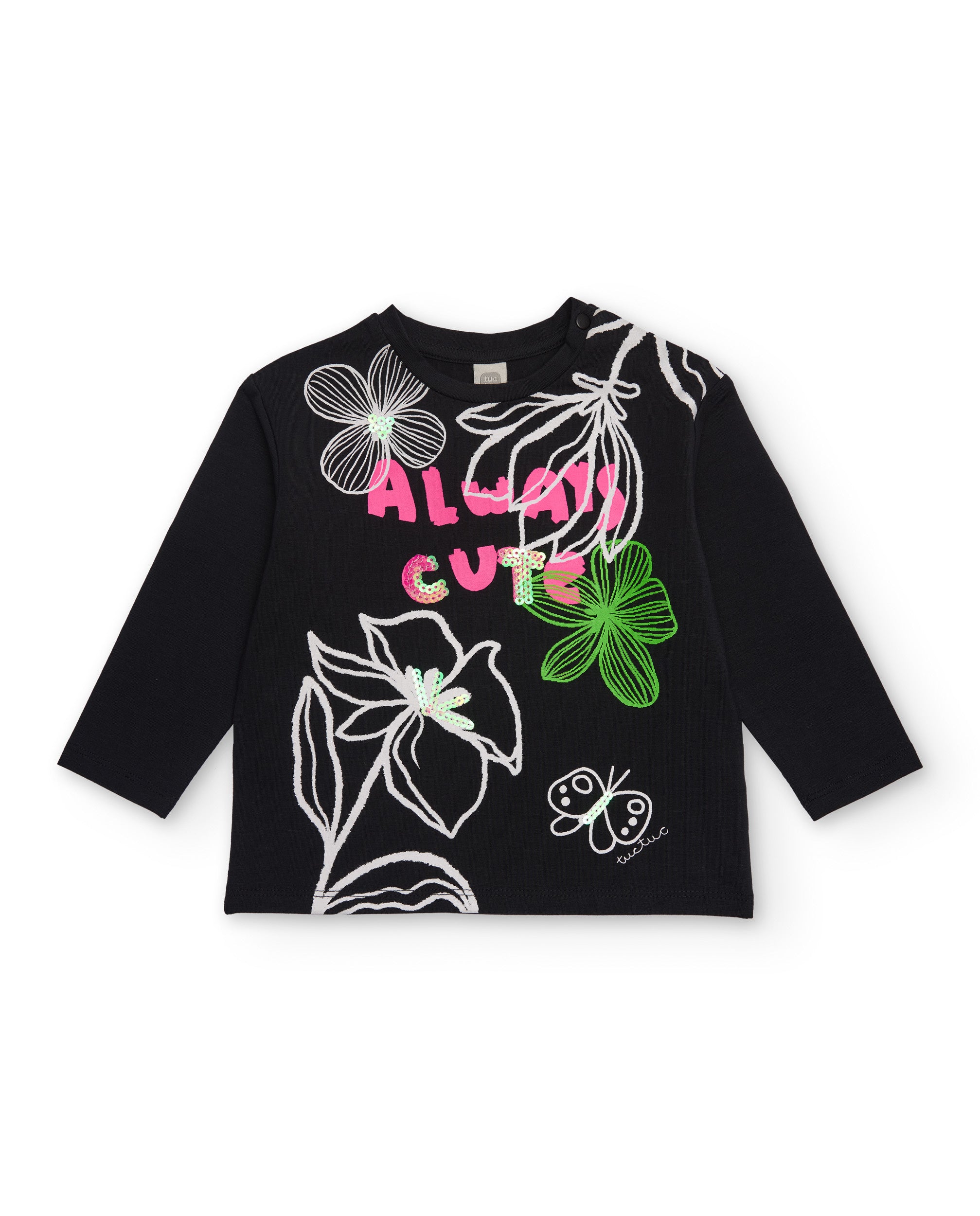 Camiseta de manga larga para niña en negro con estampado floral