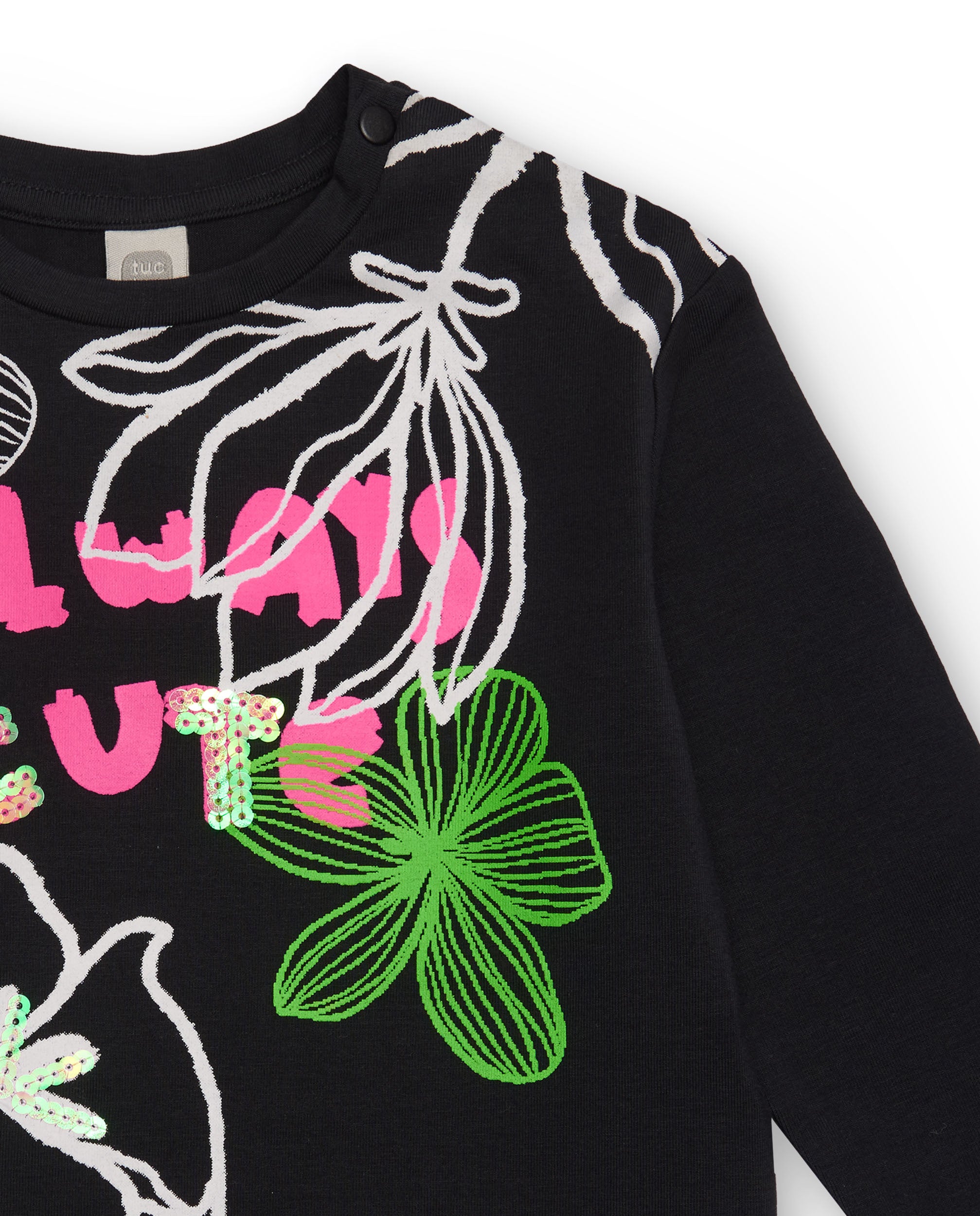 Camiseta de manga larga para niña en negro con estampado floral