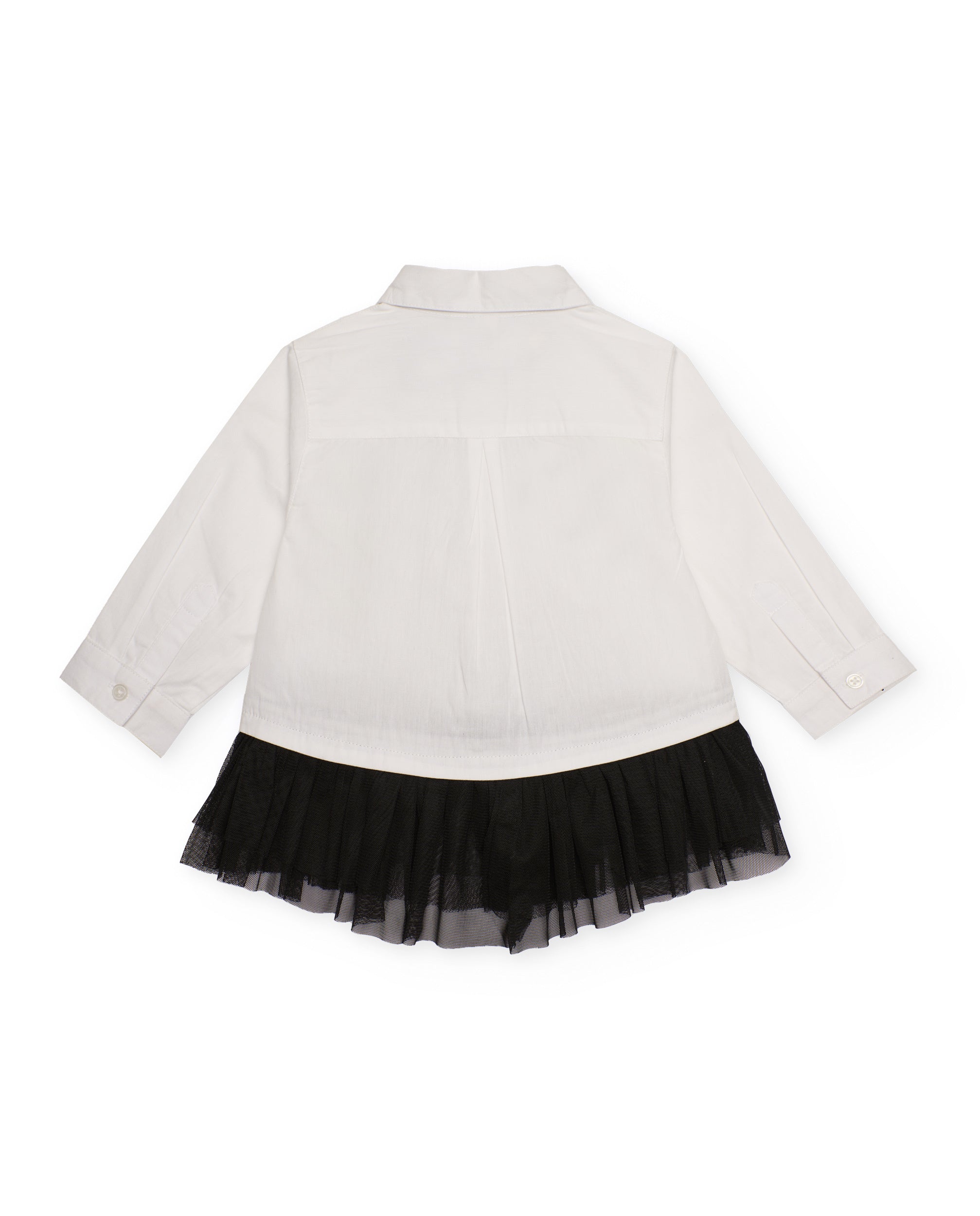 Camisa niña en blanco con falda de tul negra y estampado