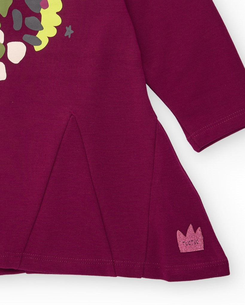 Vestido de felpa para niña en color burdeos con estampado de