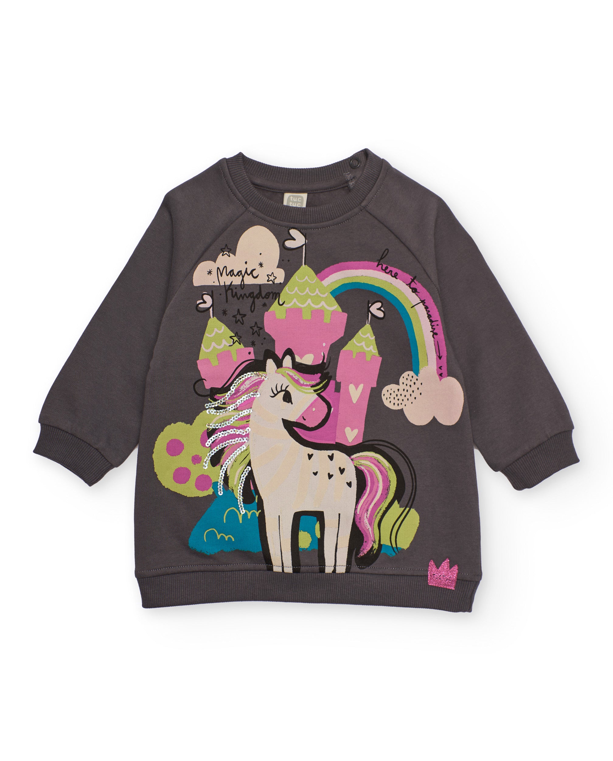 Vestido para niña en gris con estampado de unicornio y castillo
