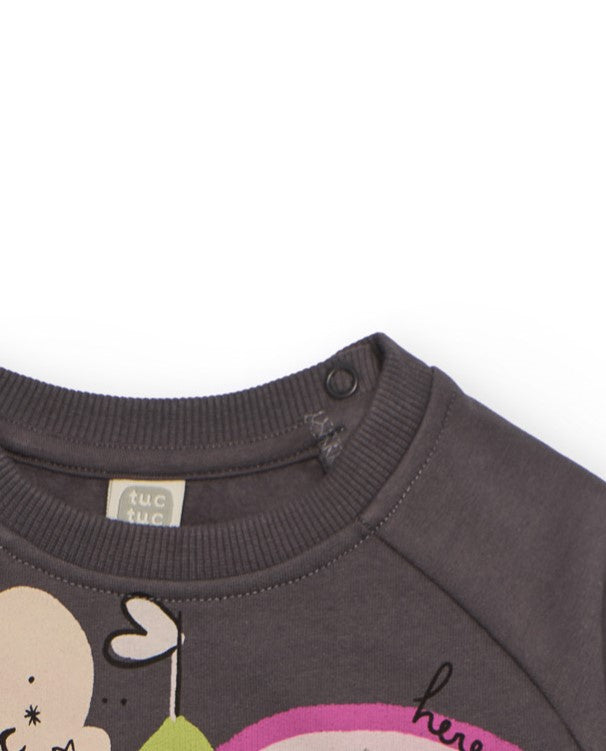 Vestido para niña en gris con estampado de unicornio y castillo