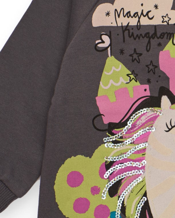 Vestido para niña en gris con estampado de unicornio y castillo