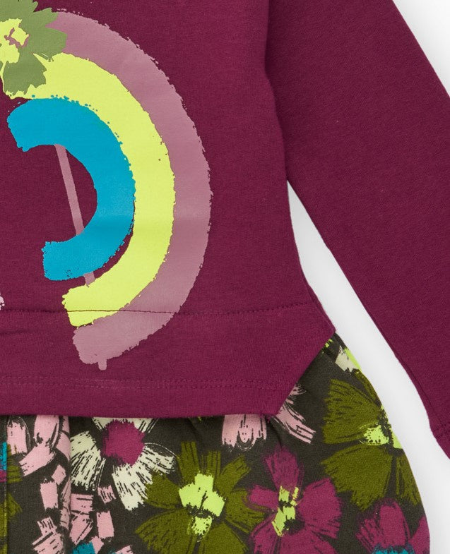 Vestido sudadera para niña en burdeos con unicornio y falda
