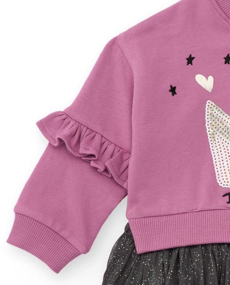 Vestido sudadera para niña en rosa con volante y falda de tul