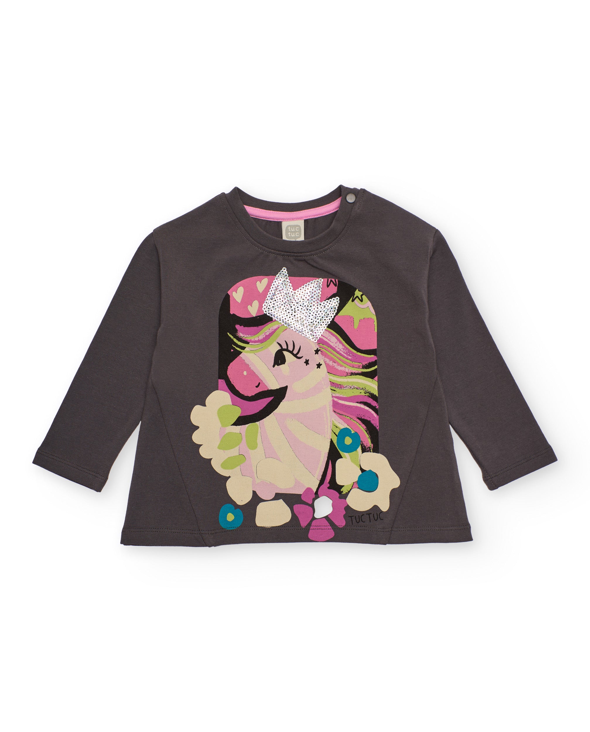Camiseta de manga larga para niña en gris oscuro con unicornio
