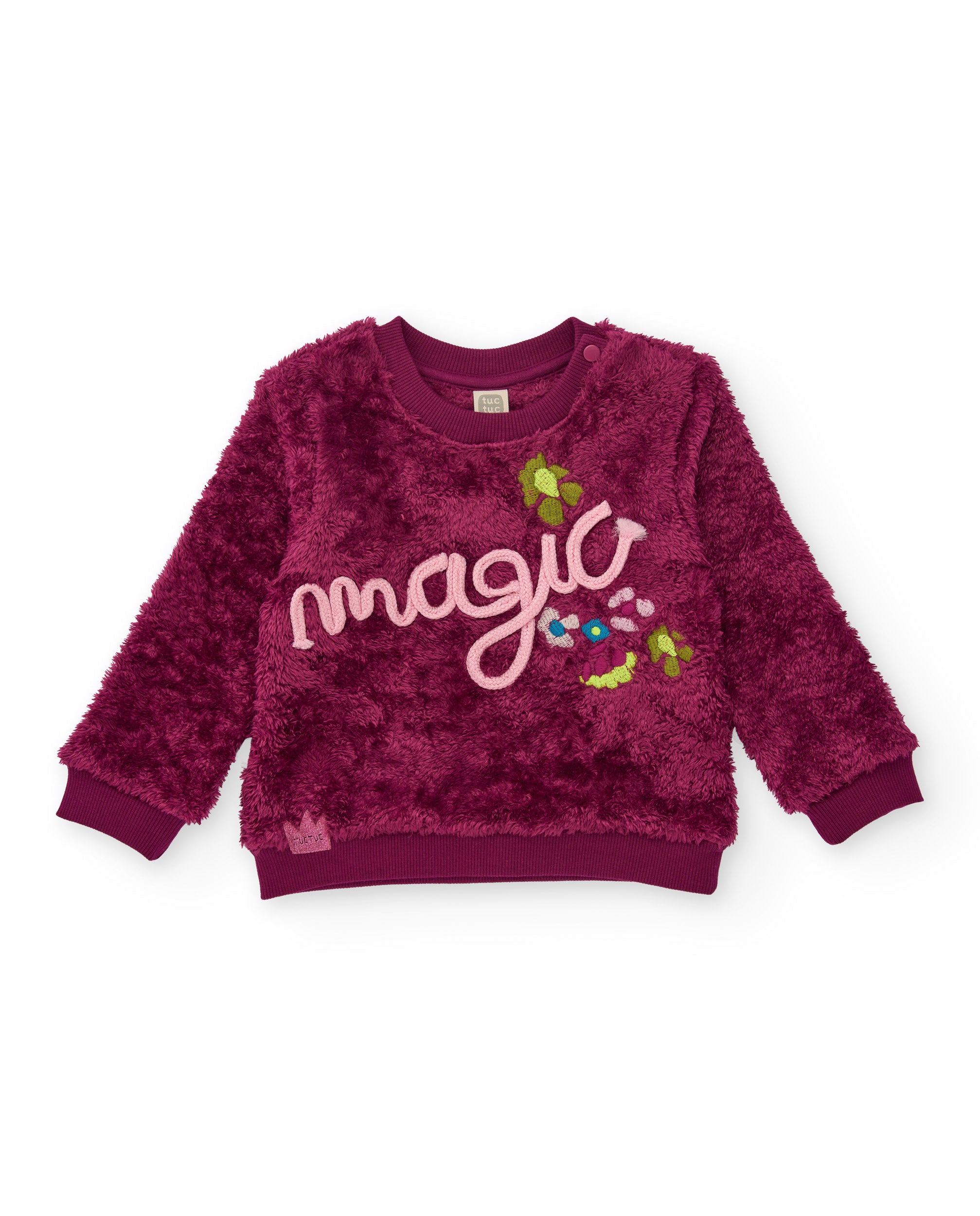 Sudadera de pelo para niña en burdeos con texto bordado