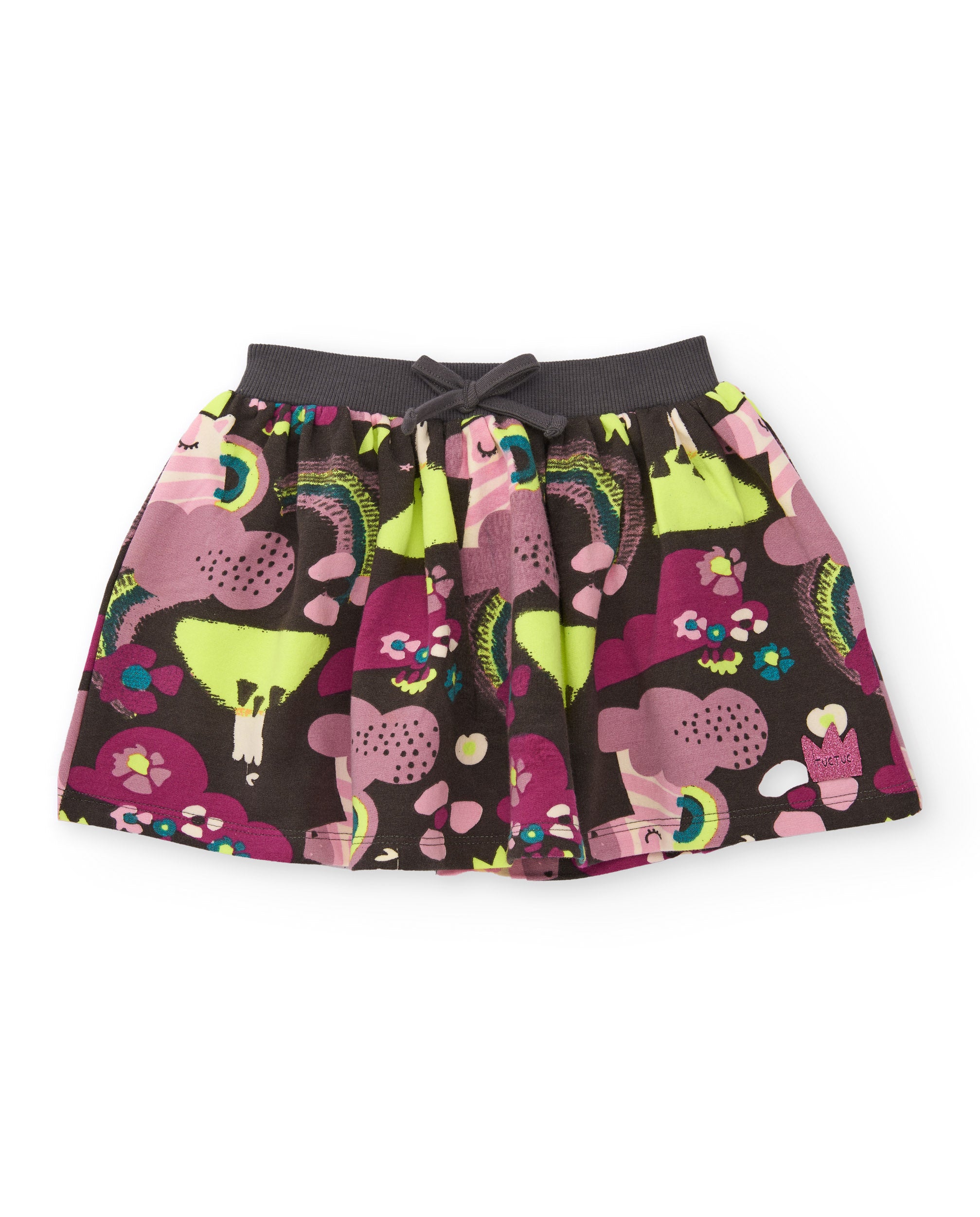 Falda para niña en marrón con estampado de arcoíris y árboles