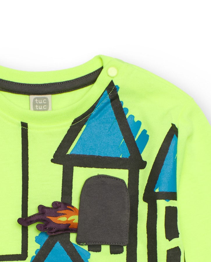 Camiseta de manga larga para niño en verde neón con estampado