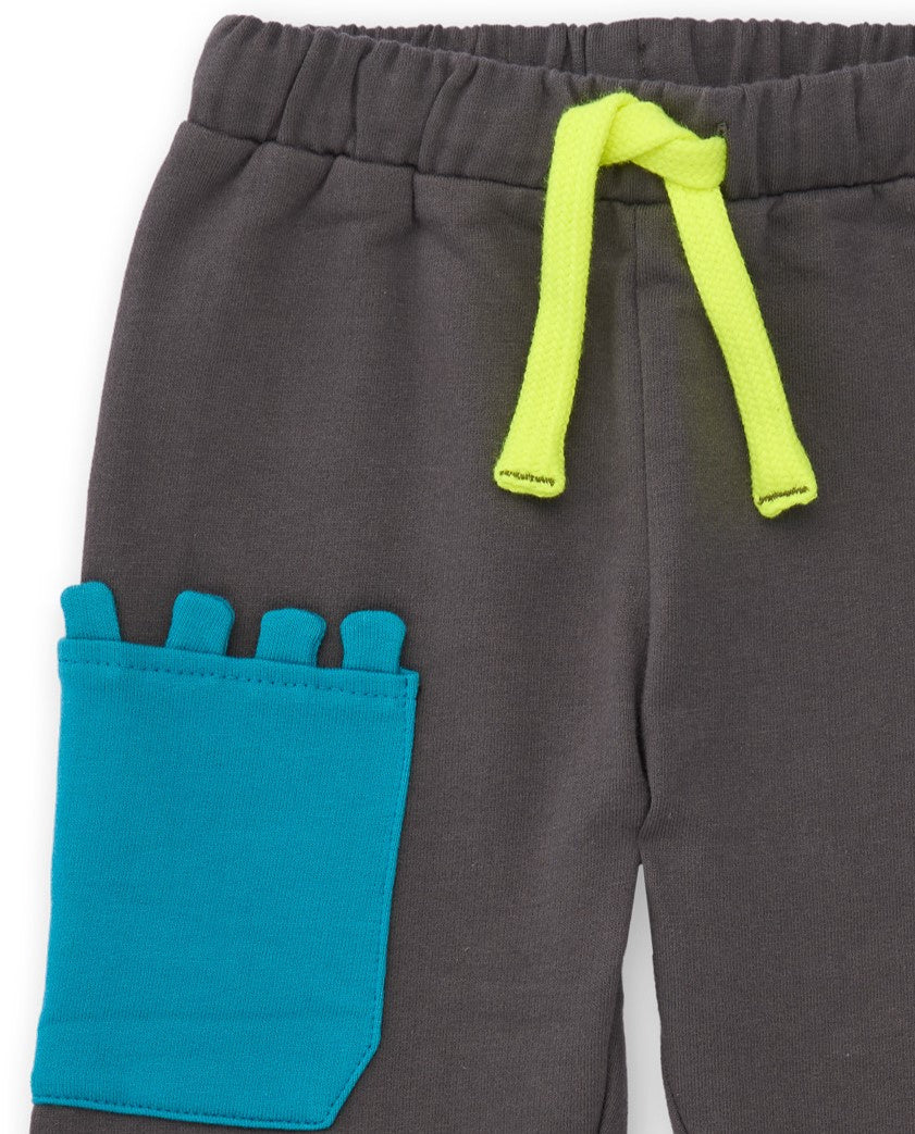 Pantalón largo de felpa para niño en gris con bolsillo azul
