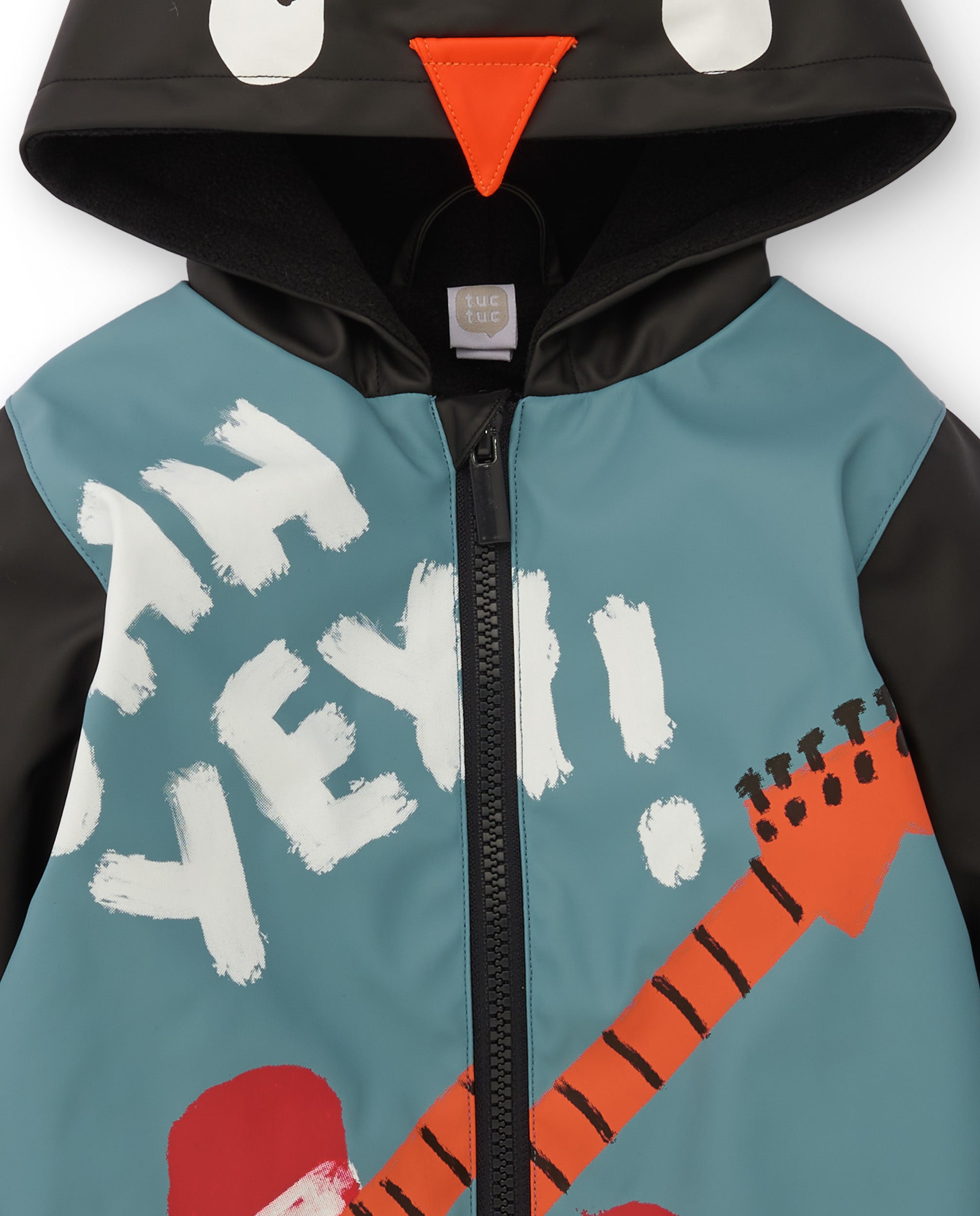 Chubasquero para niño con diseño de guitarra y capucha de