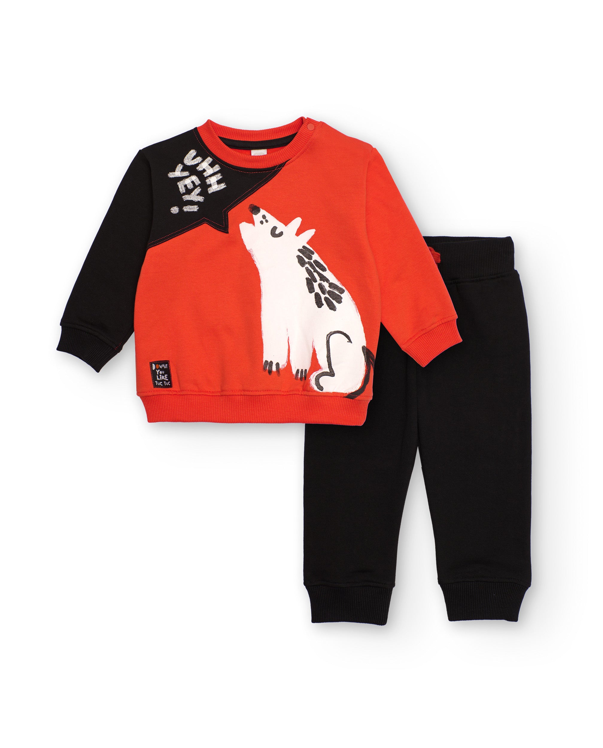 Conjunto para niño en negro y naranja con estampado de lobo