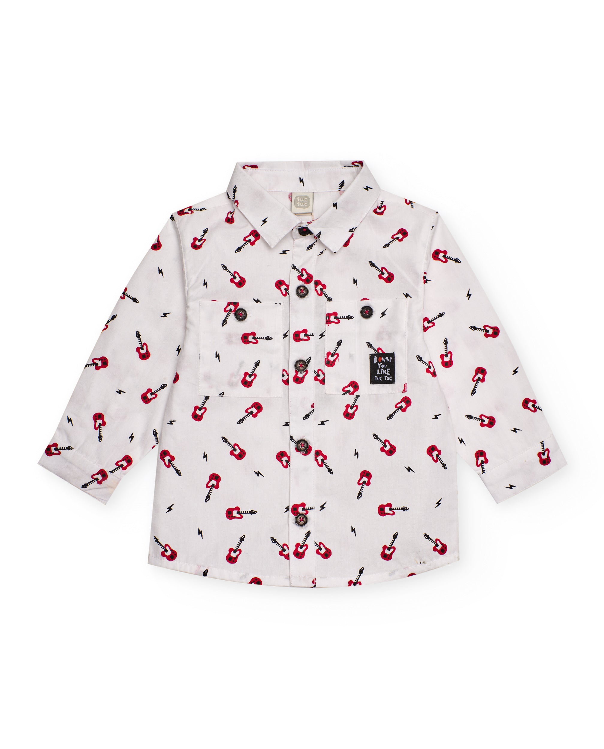 Camisa de niño en blanco con estampado de guitarras