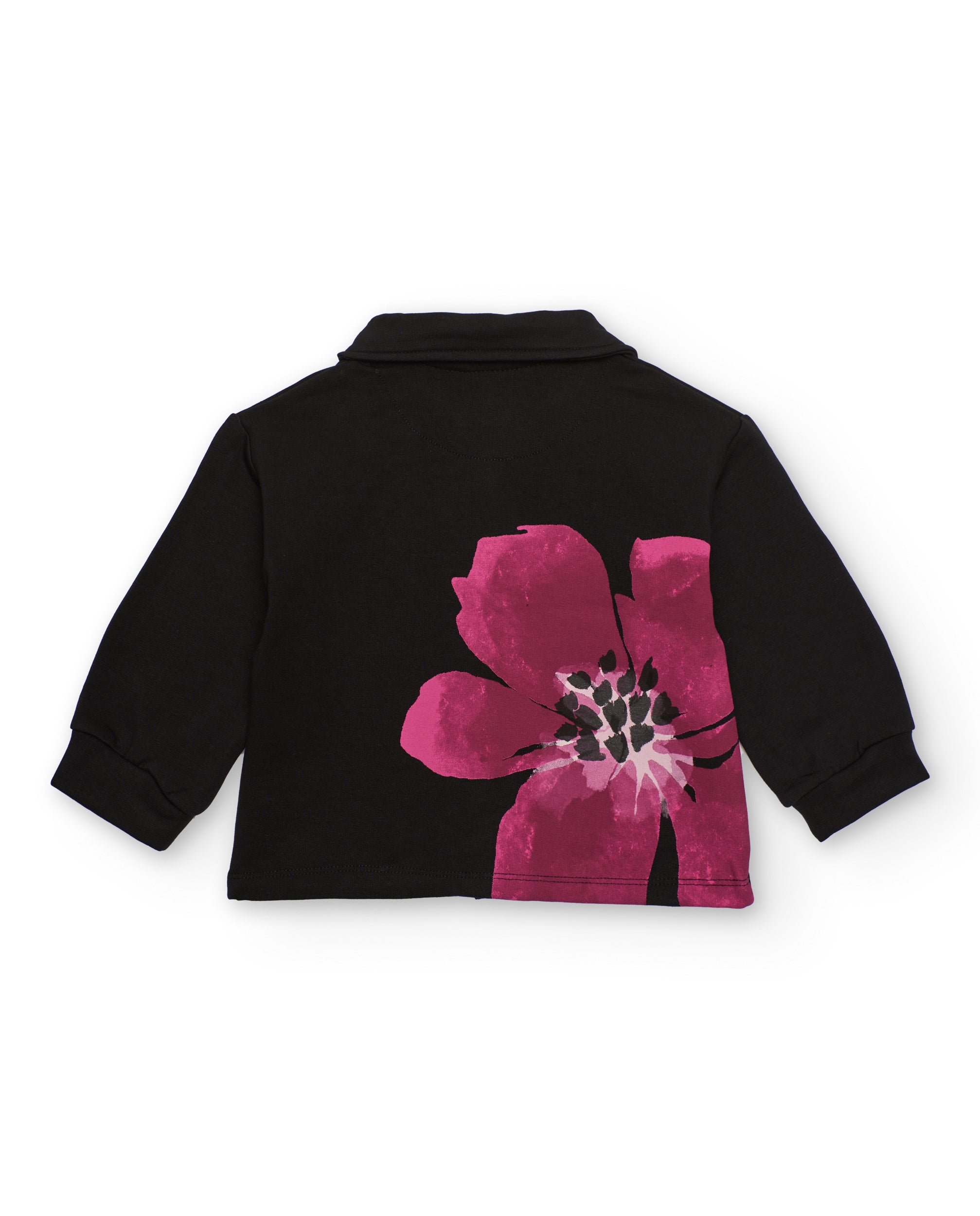 Chaqueta negra de niña con botones de corazón y flor trasera