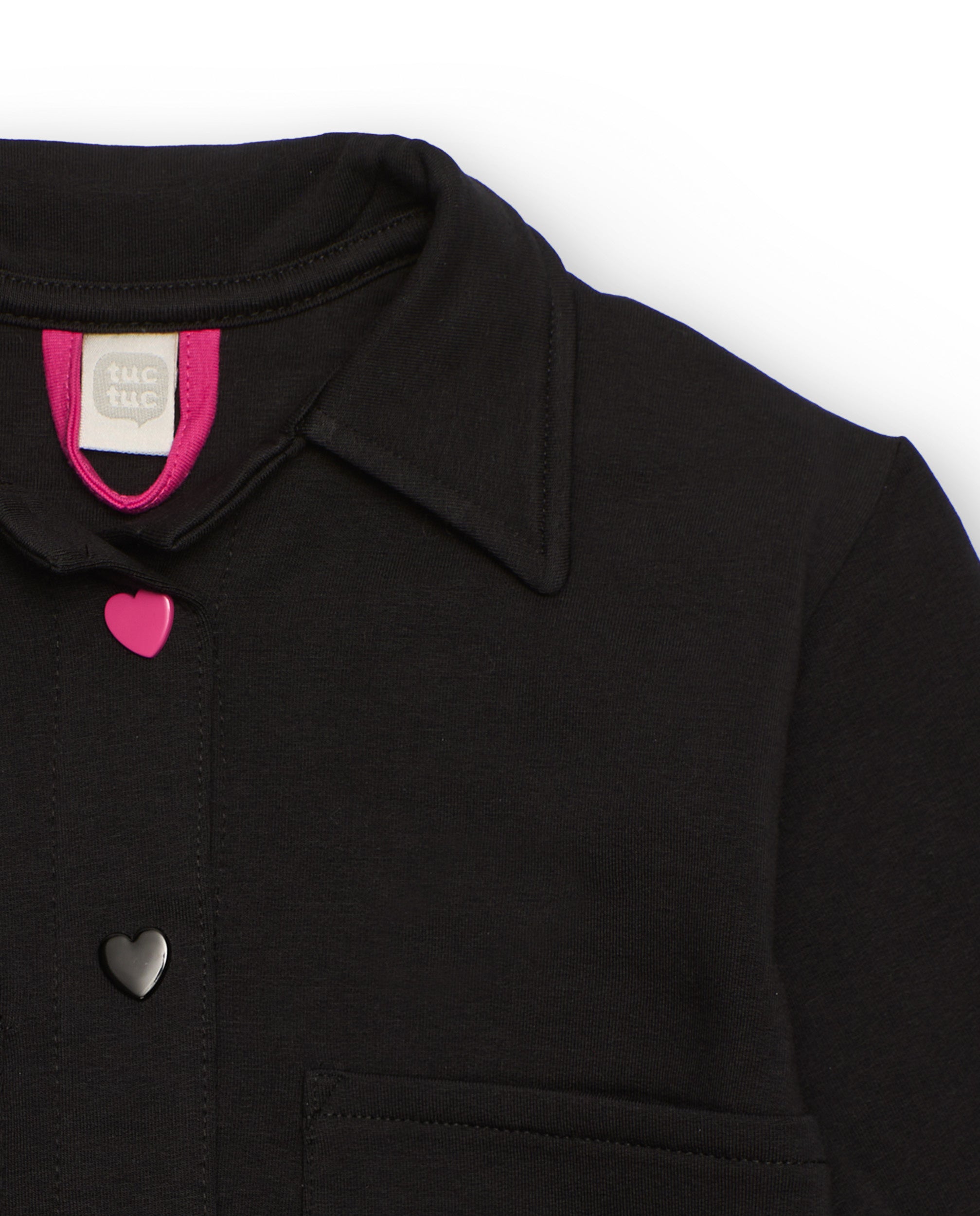 Chaqueta negra de niña con botones de corazón y flor trasera