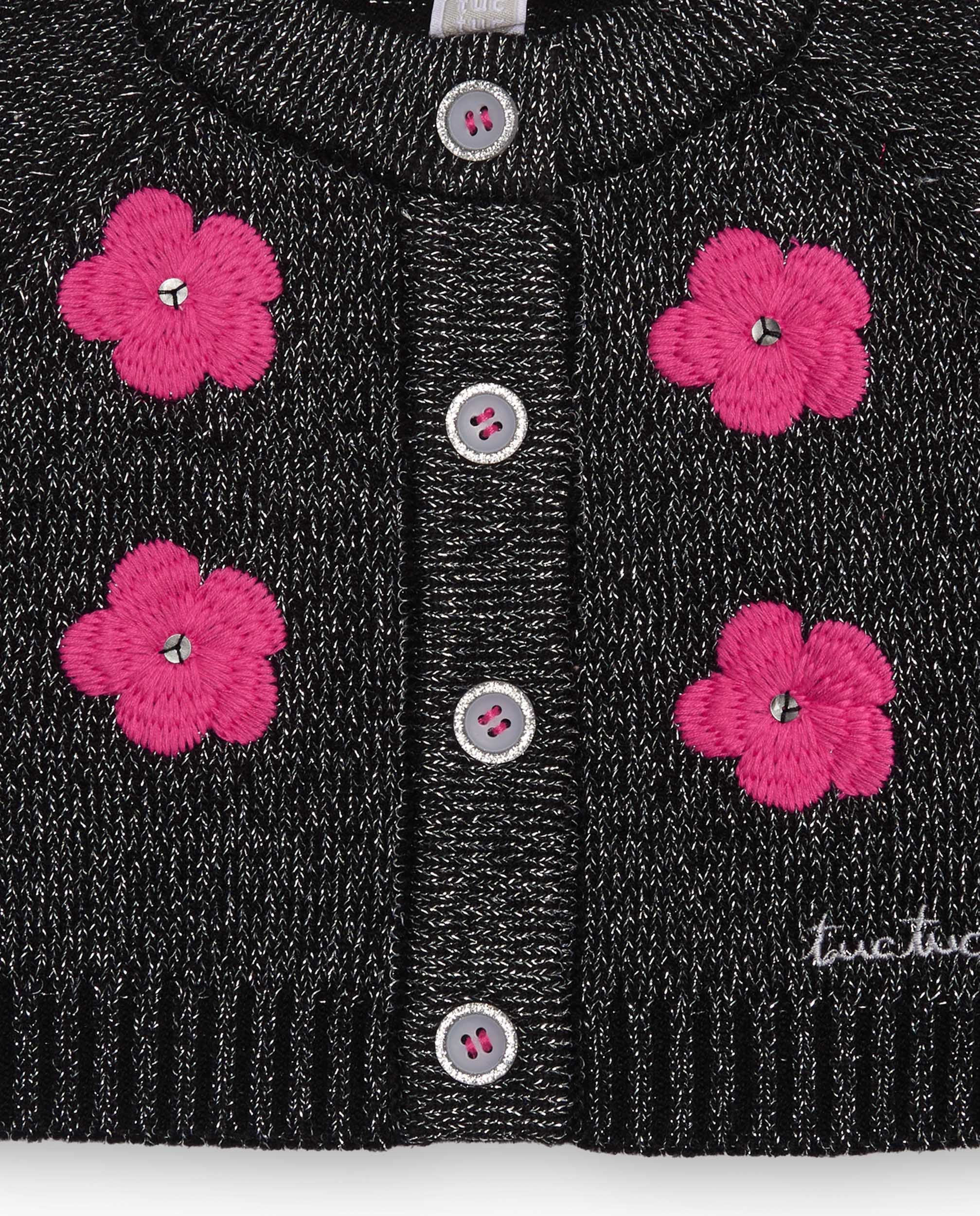Chaqueta de punto para niña en negro con flores fucsias