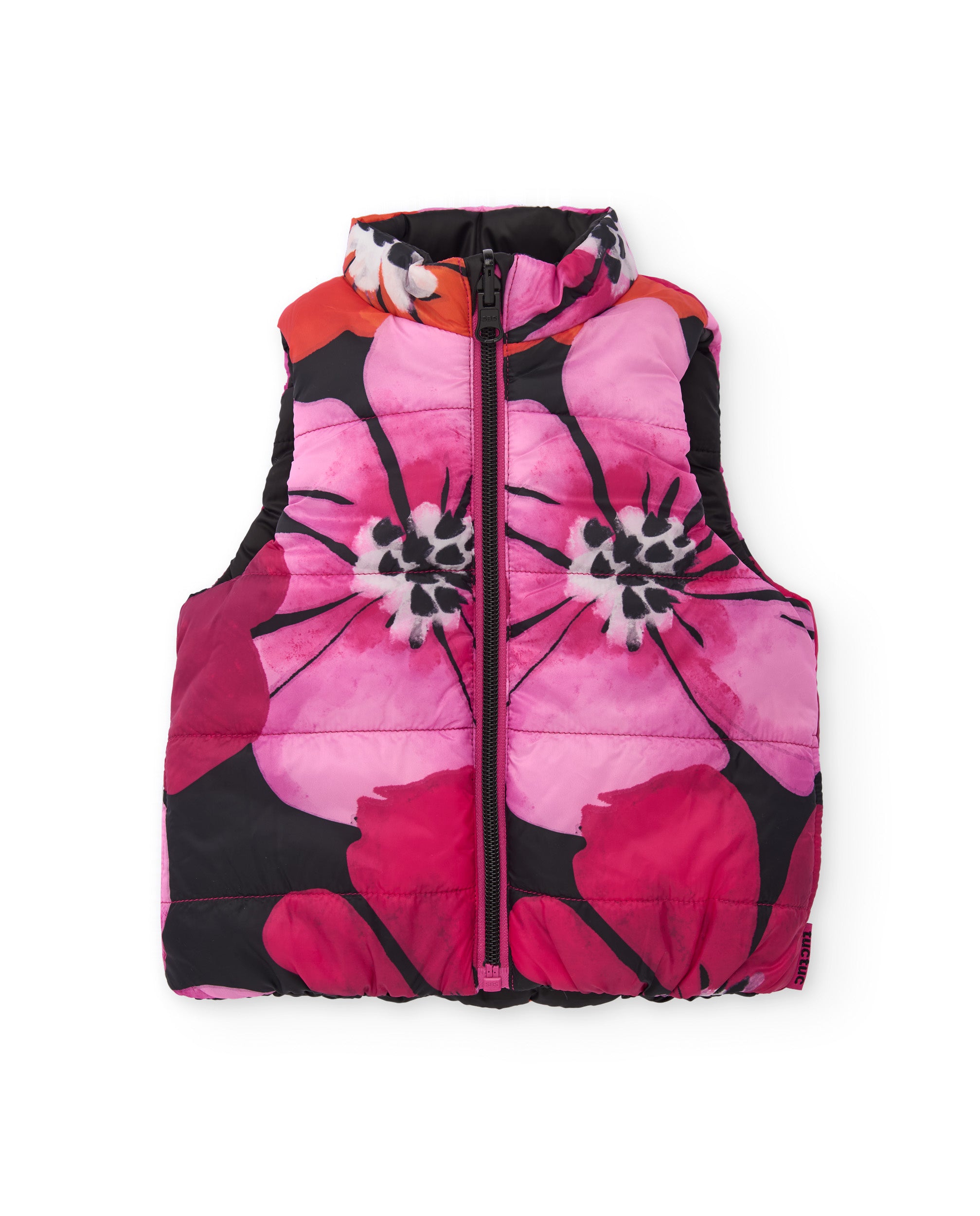Chaleco reversible de niña con flores fucsias y negro liso