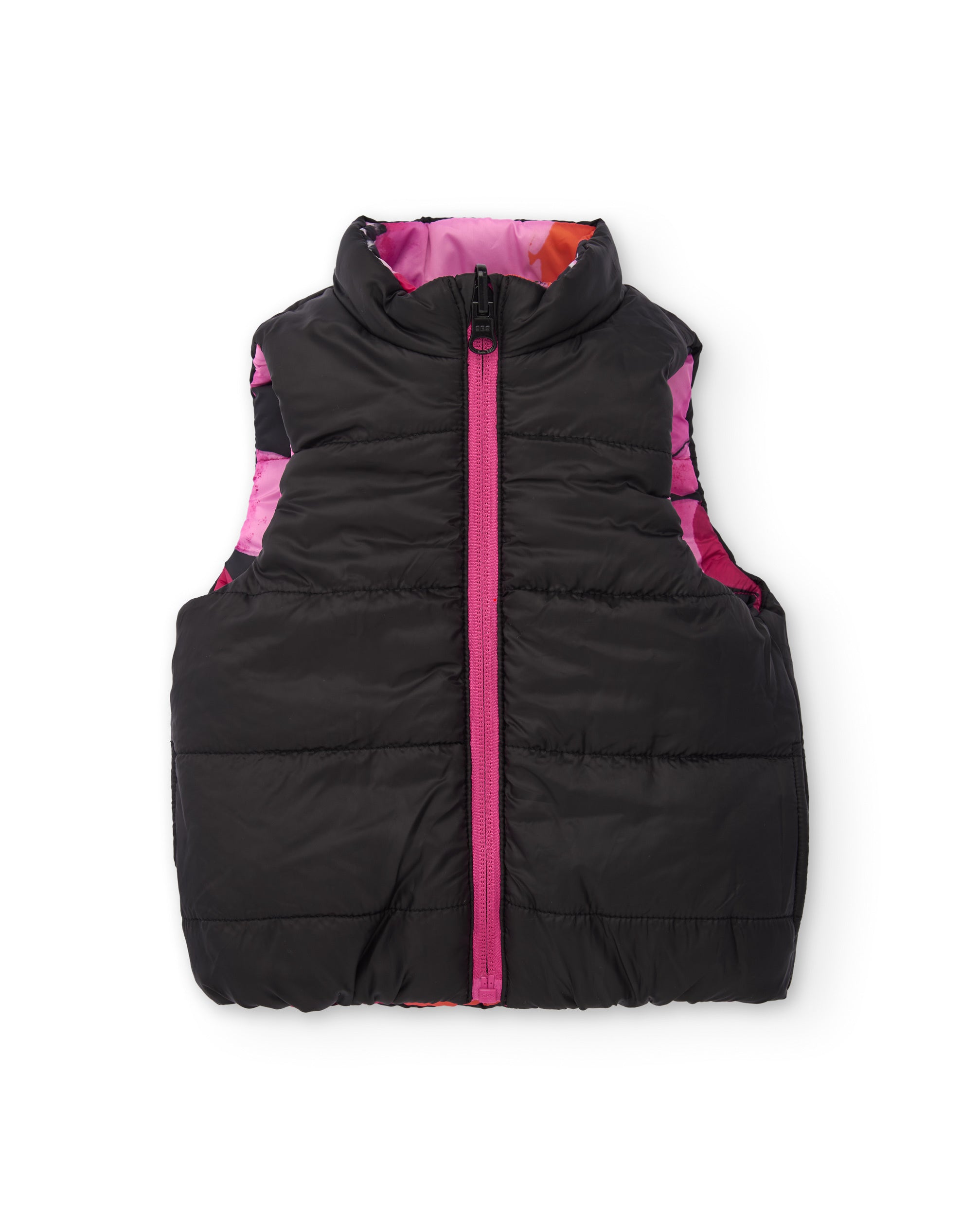 Chaleco reversible de niña con flores fucsias y negro liso