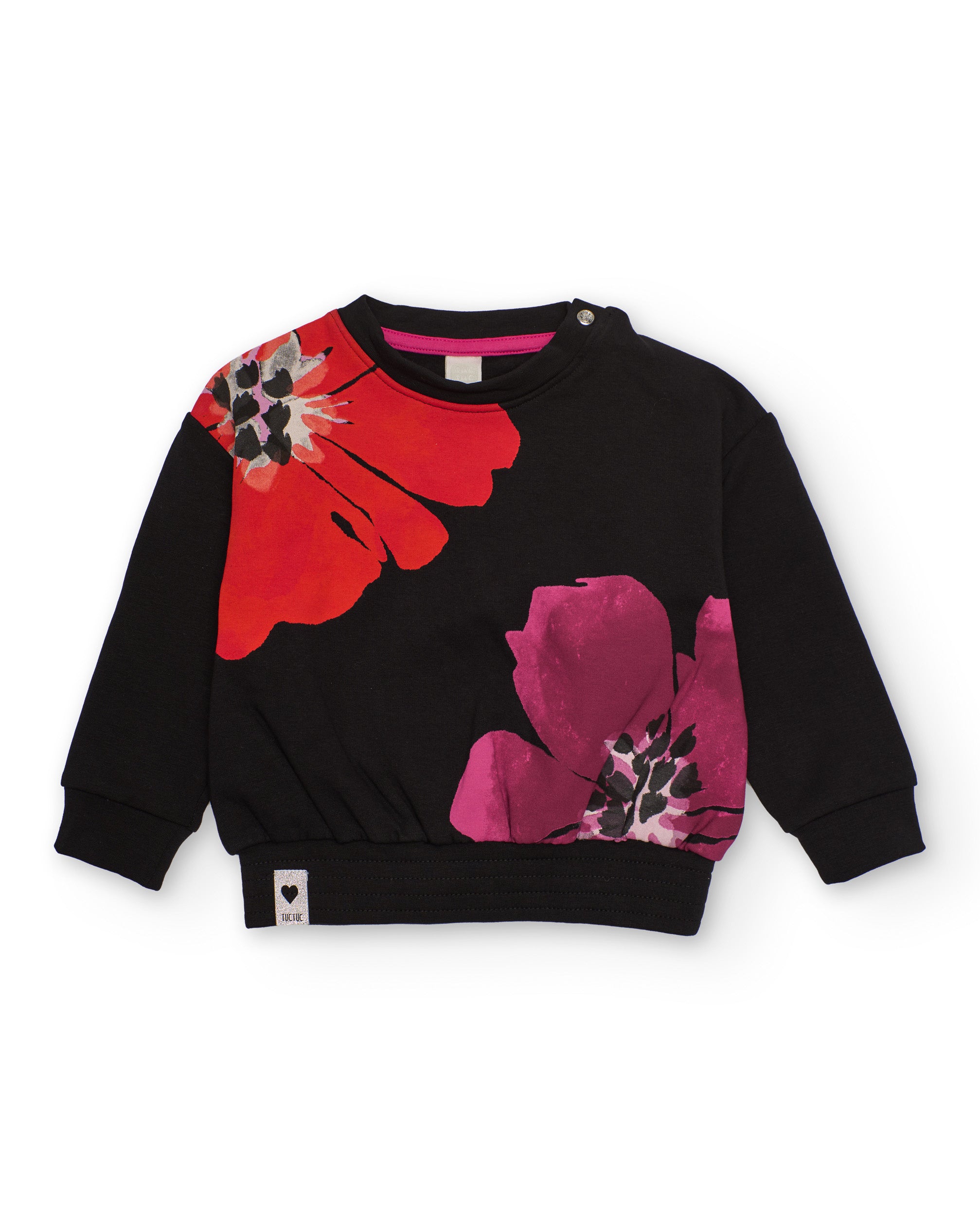 Sudadera de niña en negro con estampado floral rojo y fucsia