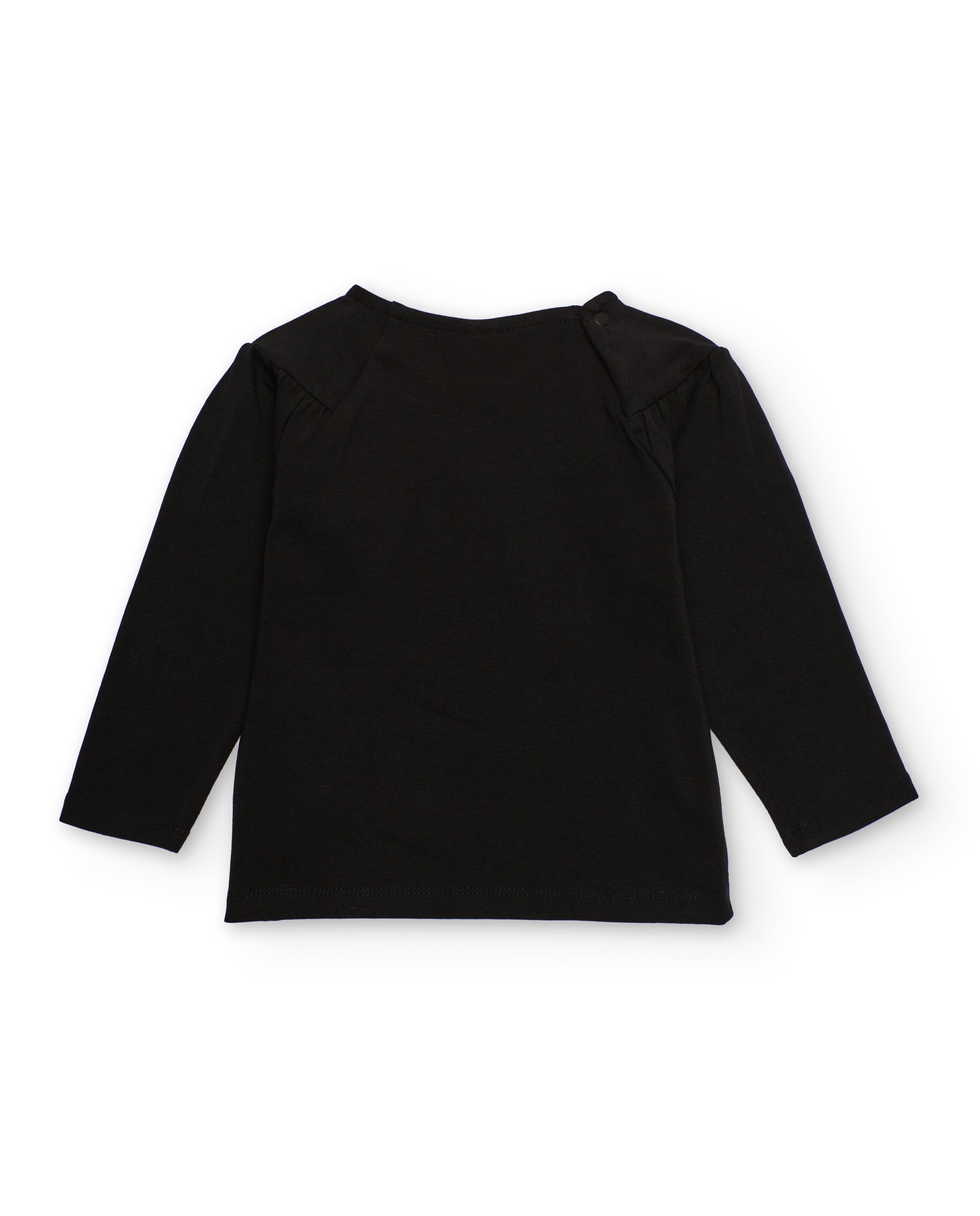 Camiseta de niña en negro con flor fucsia y lentejuelas