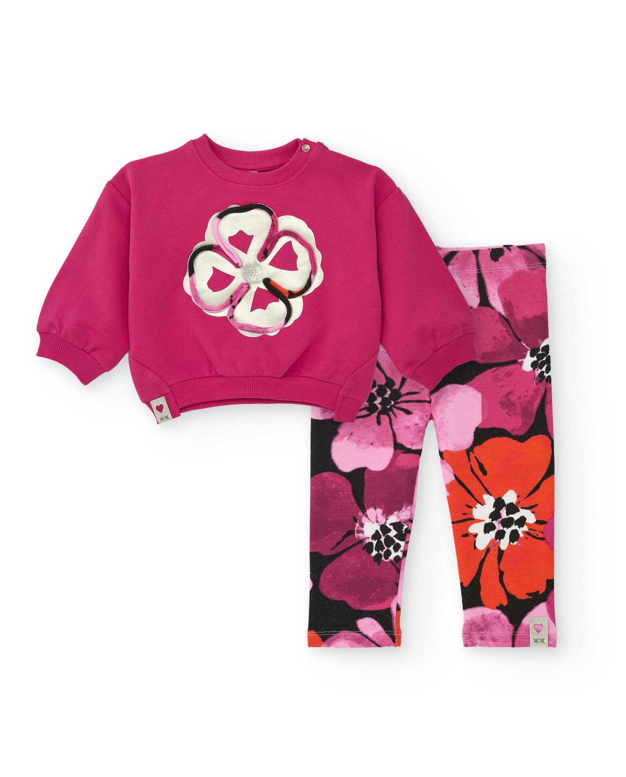 Conjunto de niña con sudadera fucsia y leggings florales