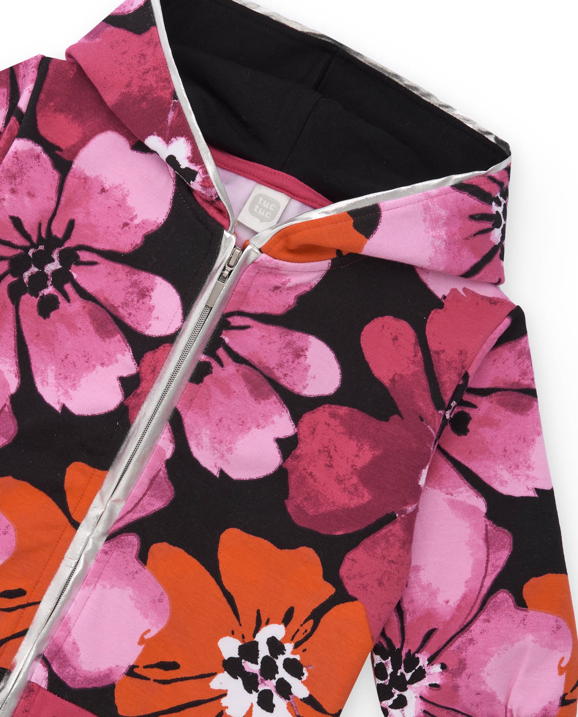 Conjunto de niña con chaqueta floral y pantalón fucsia