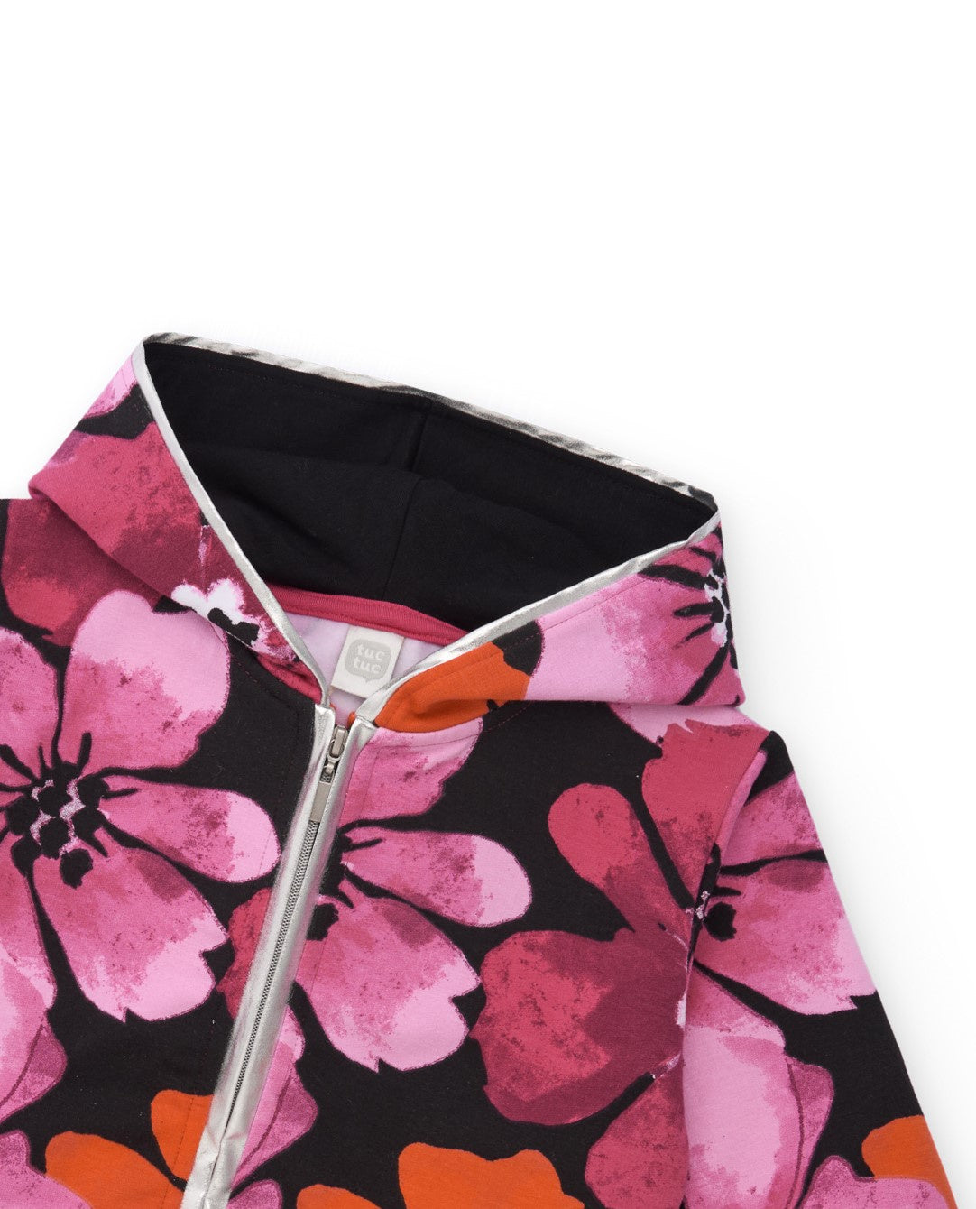 Chaqueta con capucha para niña con estampado floral en fucsia