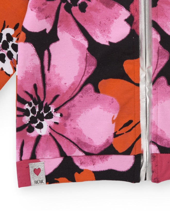 Chaqueta con capucha para niña con estampado floral en fucsia