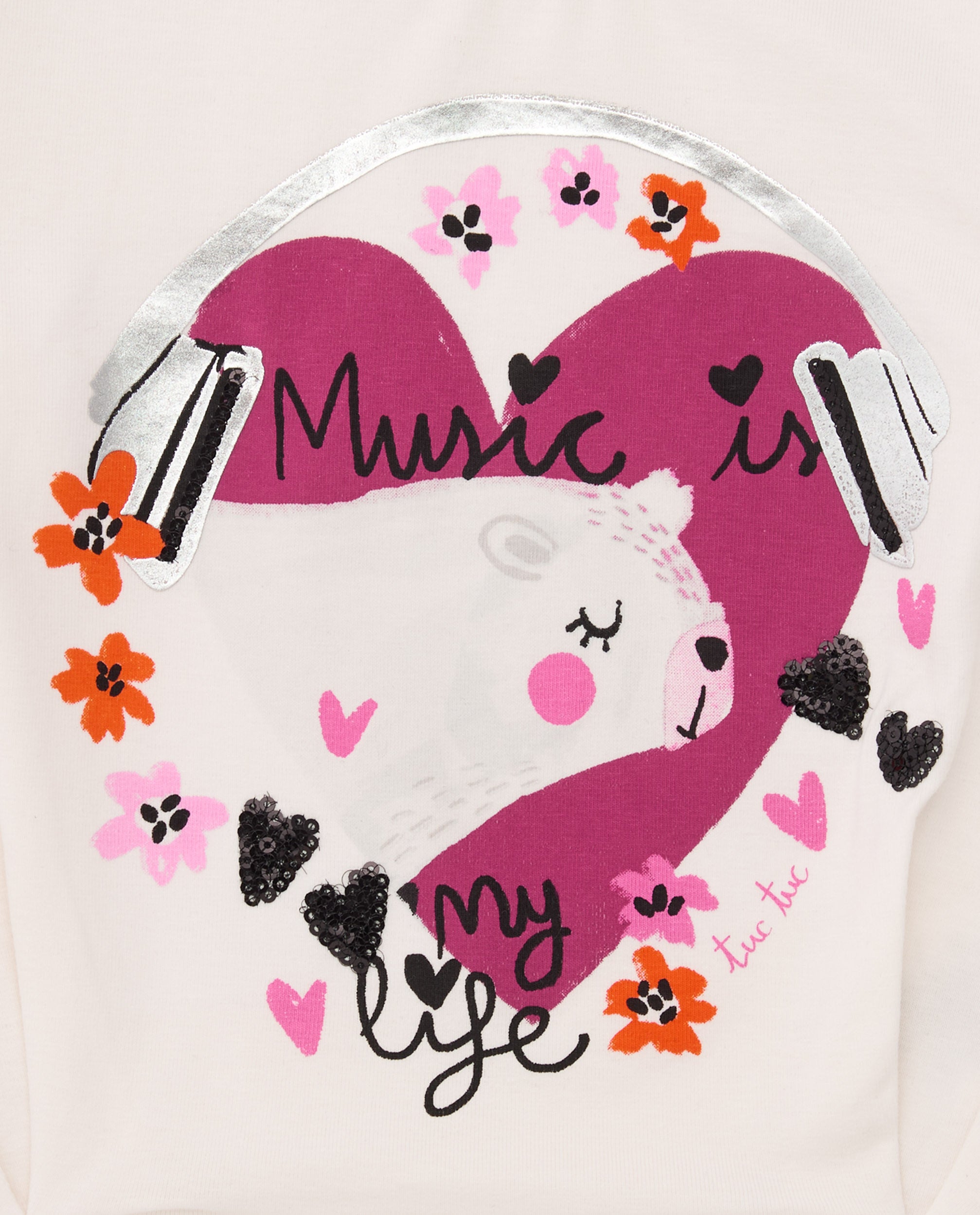 Camiseta de niña en crudo con estampado de música y brillos