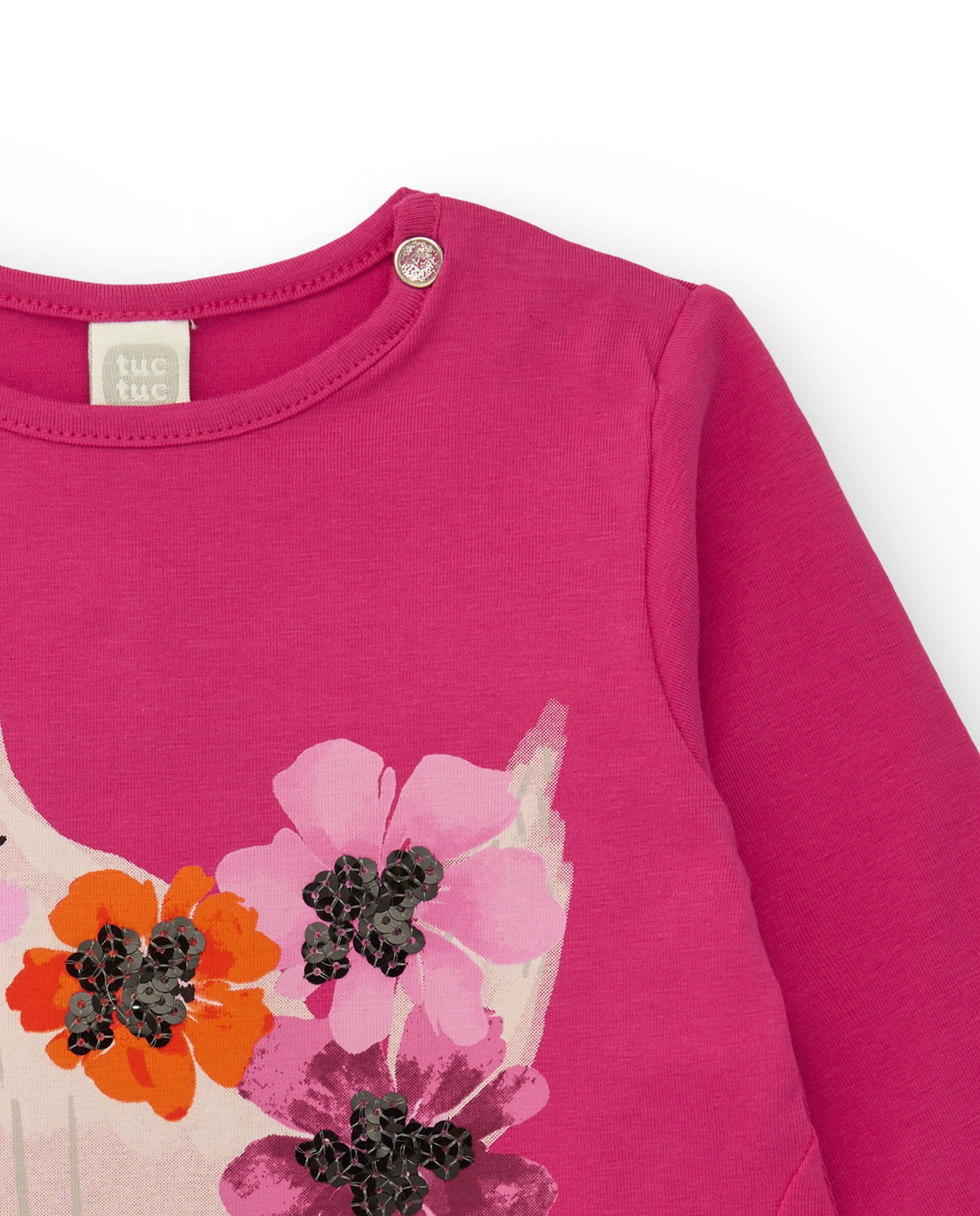 Camiseta de niña fucsia con estampado de gato y flores