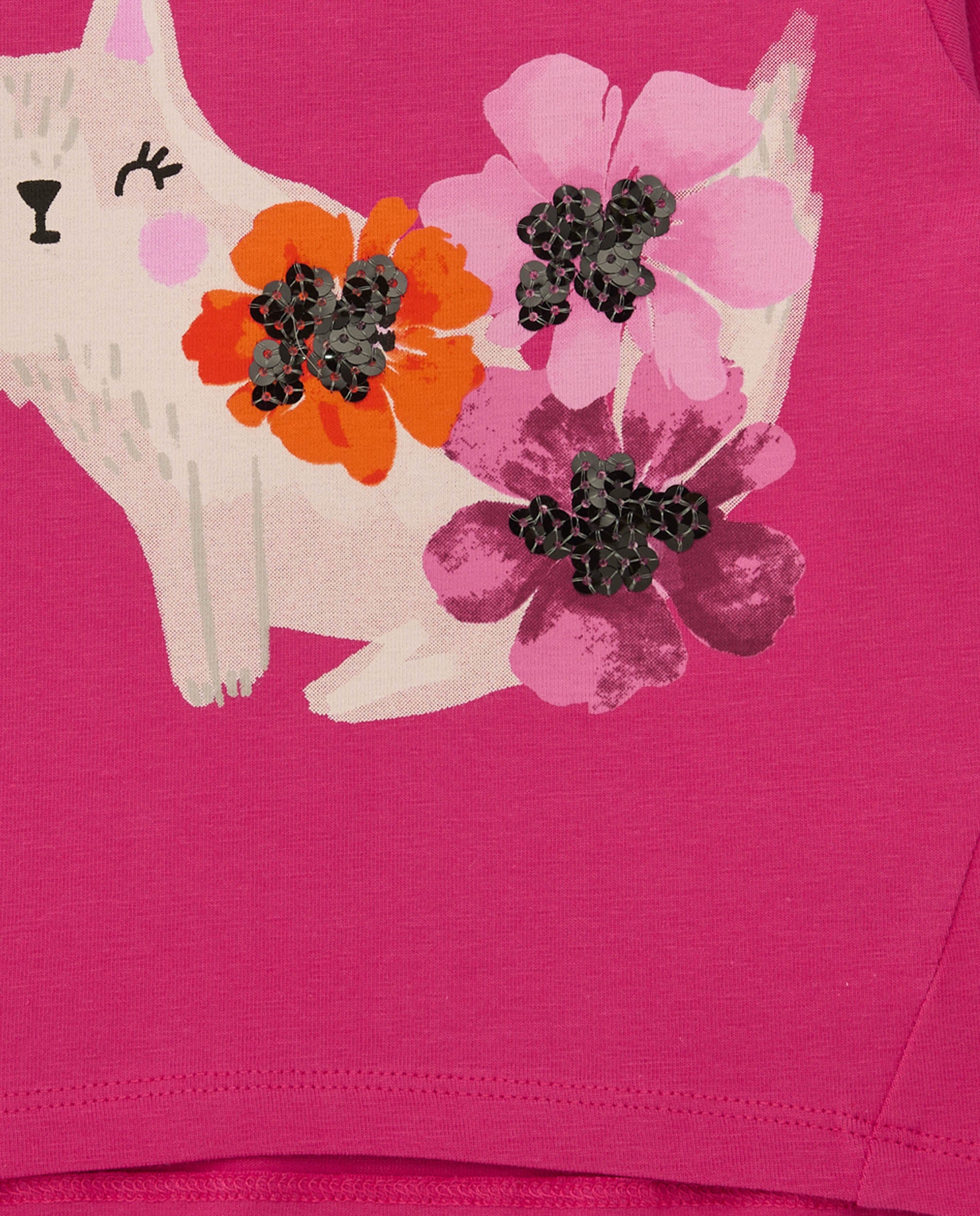 Camiseta de niña fucsia con estampado de gato y flores