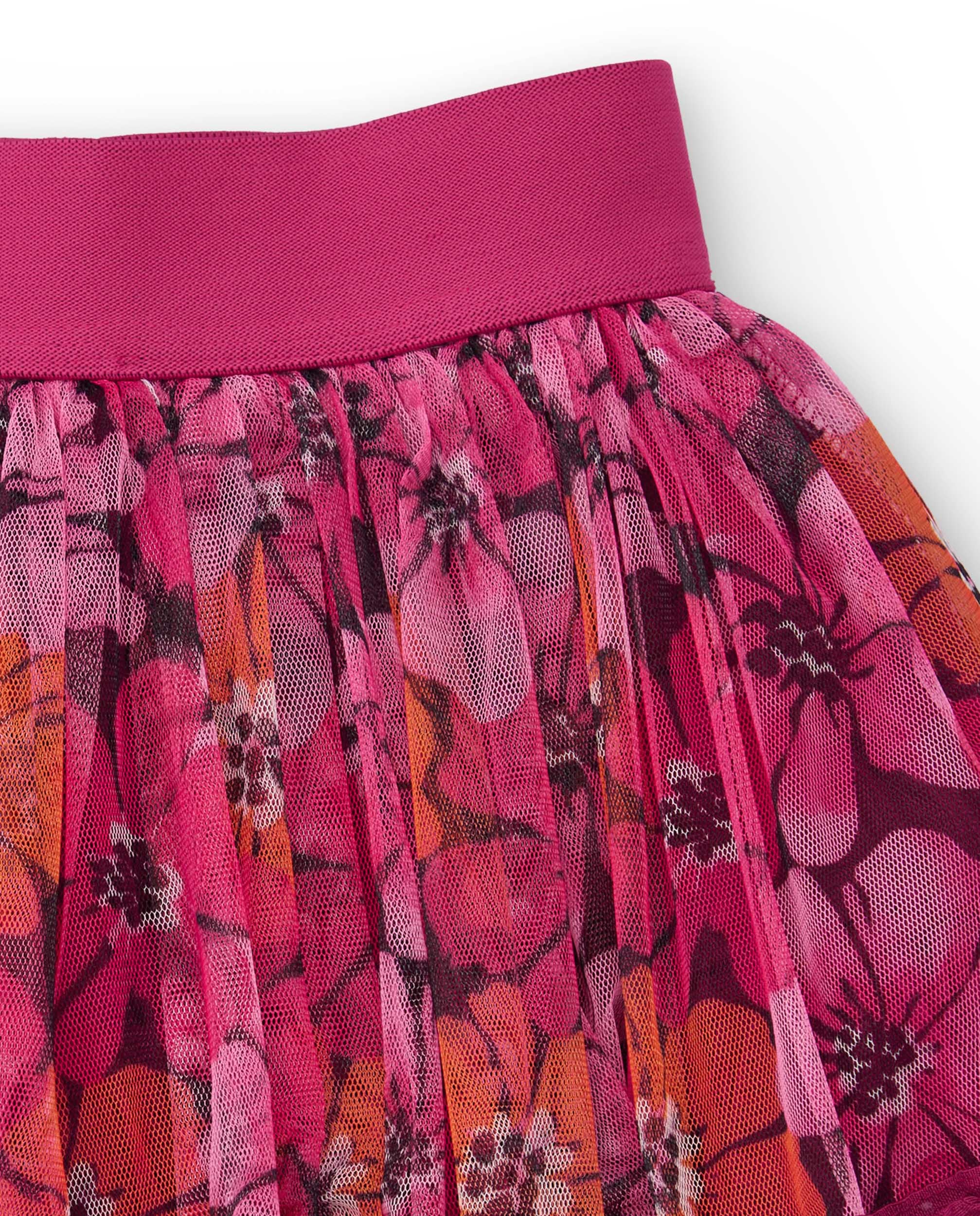 Falda de niña con tul plisado en fucsia y estampado floral