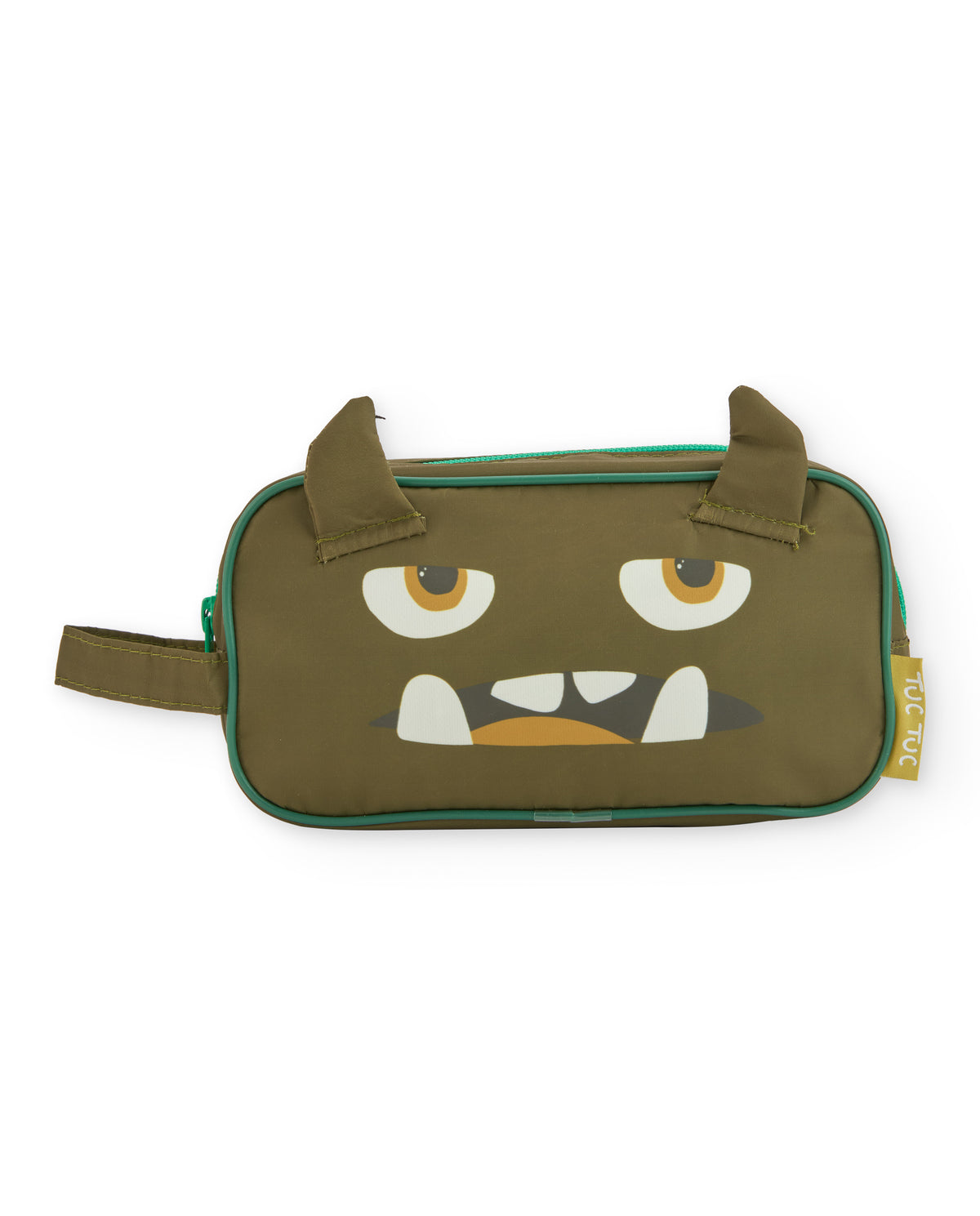 Neceser para niño en verde con carita de monstruo y detalles en