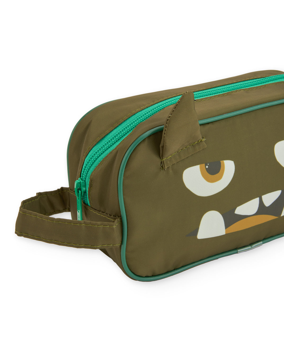 Neceser para niño en verde con carita de monstruo y detalles en
