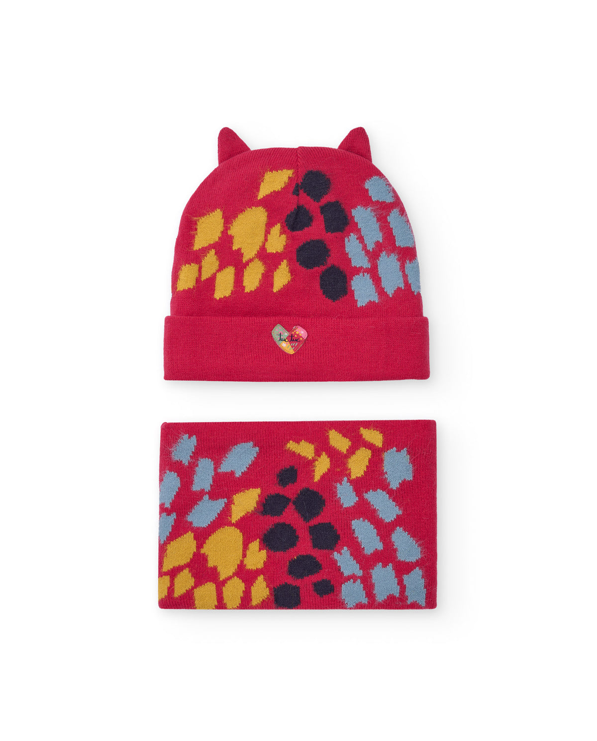 Pack de gorro y cuello para niña en rojo con estampado