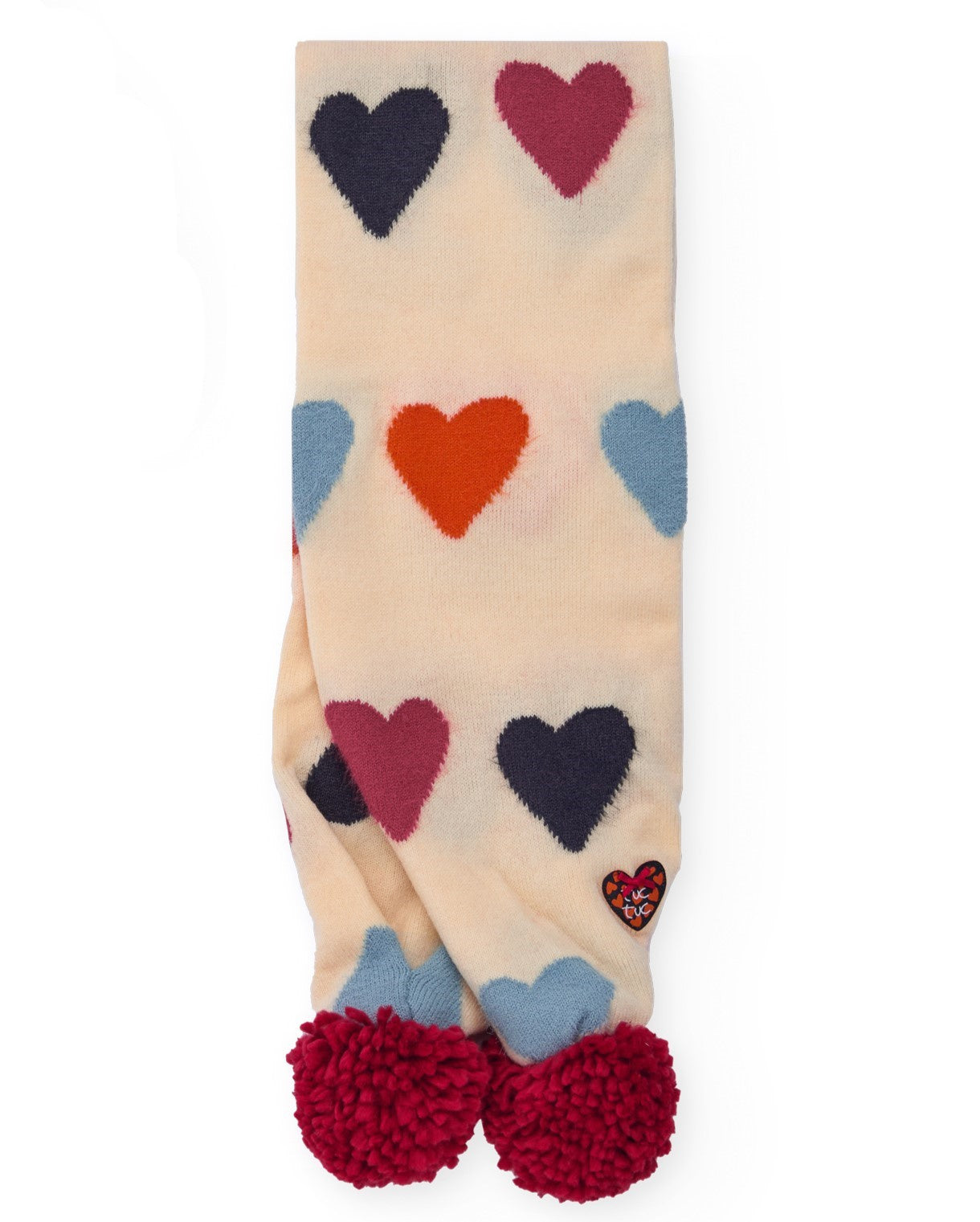 Bufanda para niña en beige con estampado de corazones y pompones