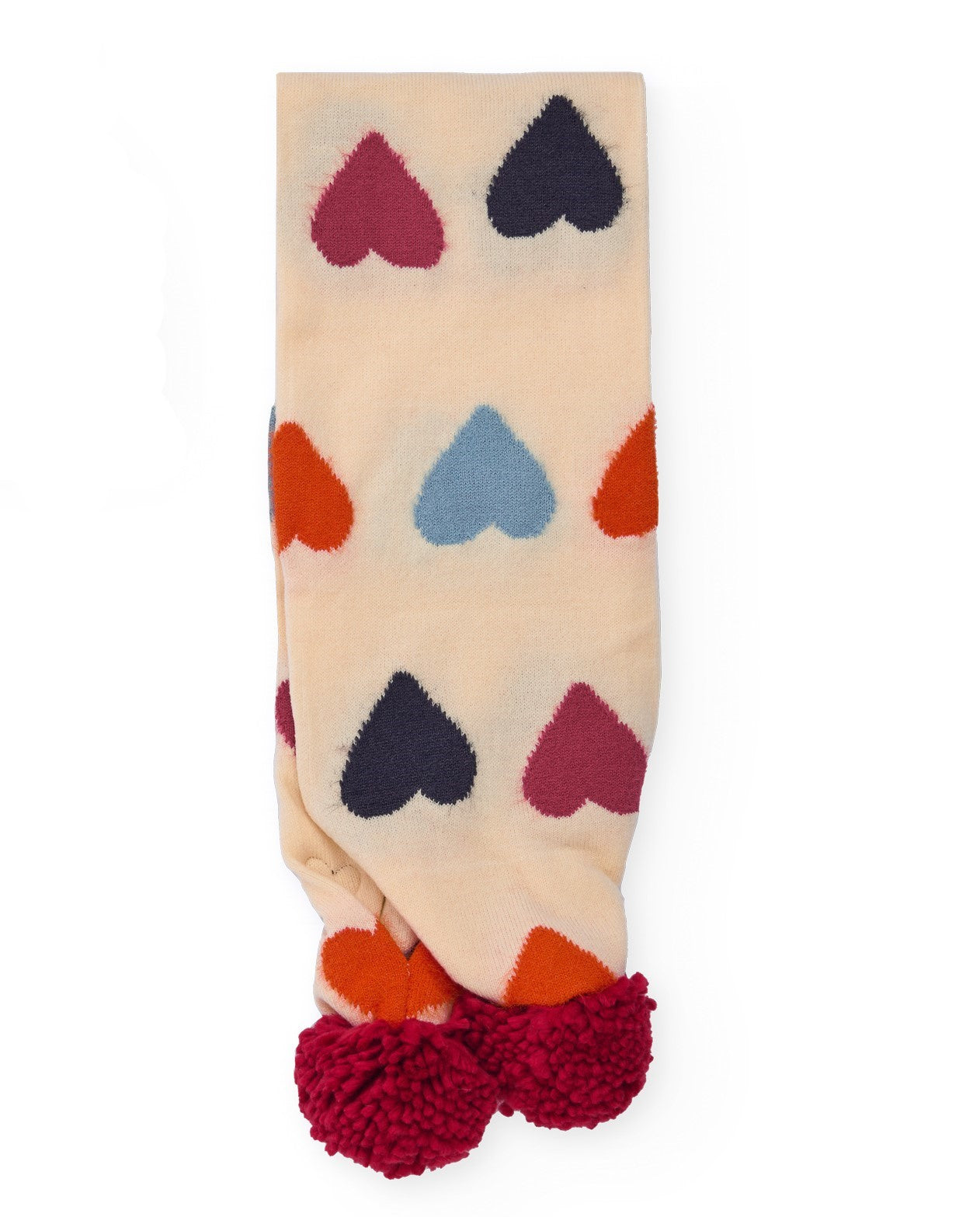 Bufanda para niña en beige con estampado de corazones y pompones