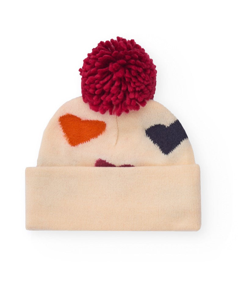 Gorro tricotado para niña en beige con corazones multicolor