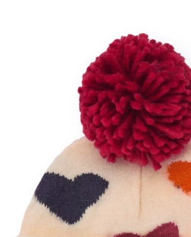 Gorro tricotado para niña en beige con corazones multicolor