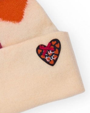 Gorro tricotado para niña en beige con corazones multicolor
