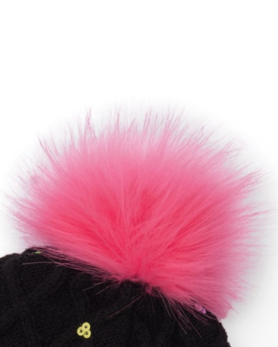 Gorro de punto para niña en negro con pompón rosa y lentejuelas
