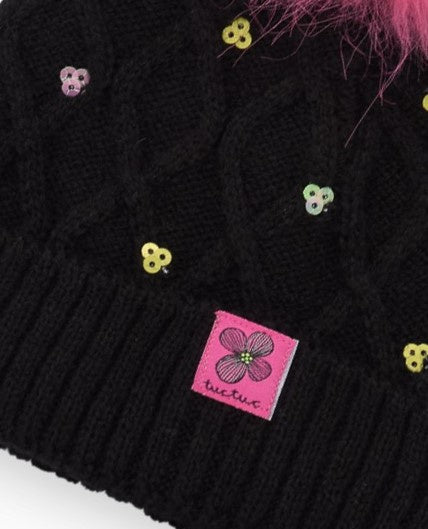 Gorro de punto para niña en negro con pompón rosa y lentejuelas